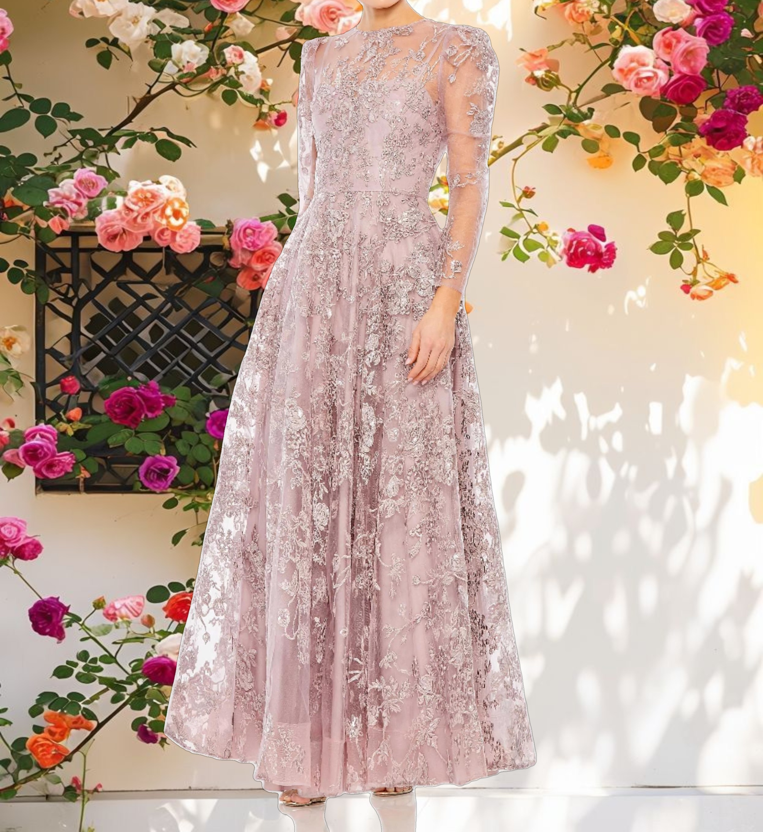 Embroidered Illusion High Neck A Line Dress