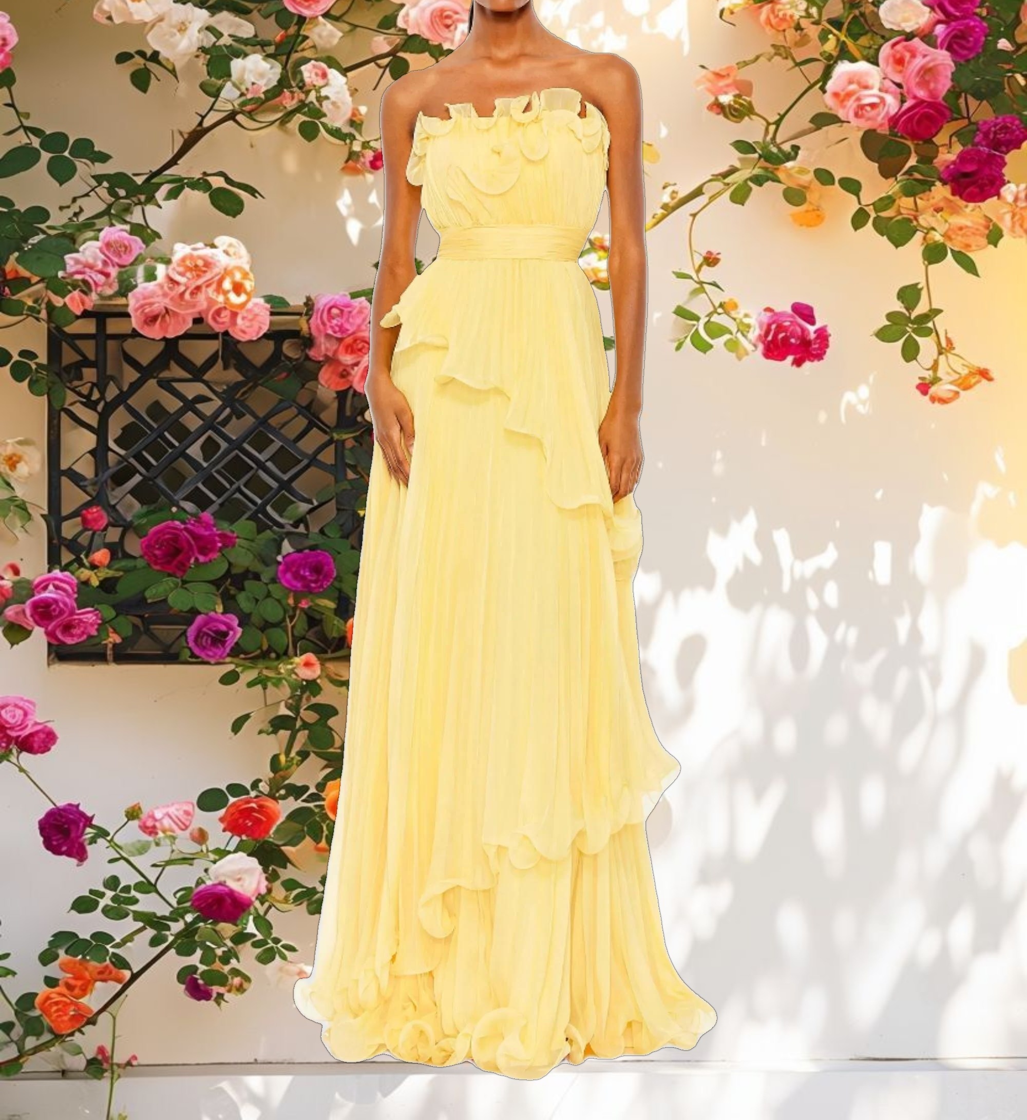 Pleated Tiered Ruffled Strapless Gown