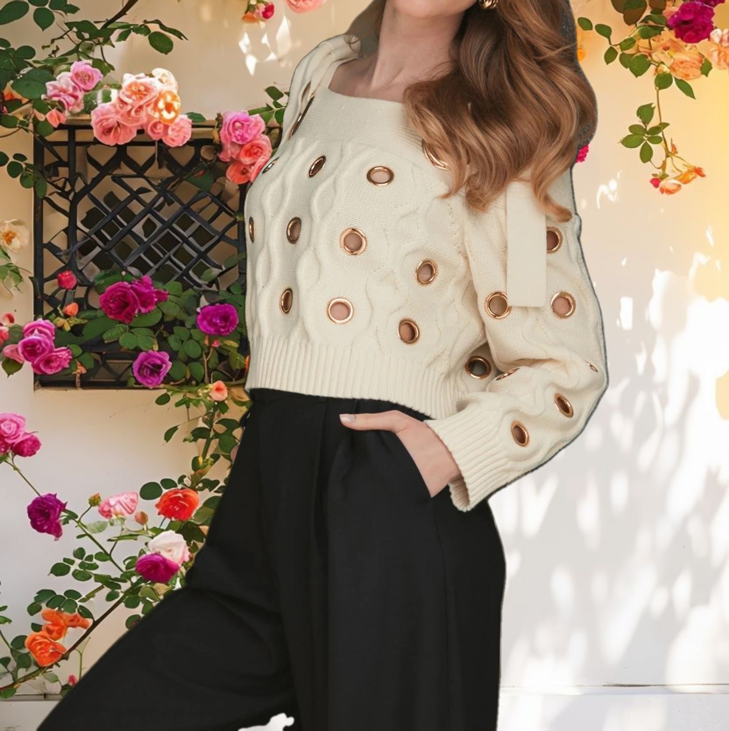 Chunky Knit Off The Shoulder Grommet Cropped Sweater