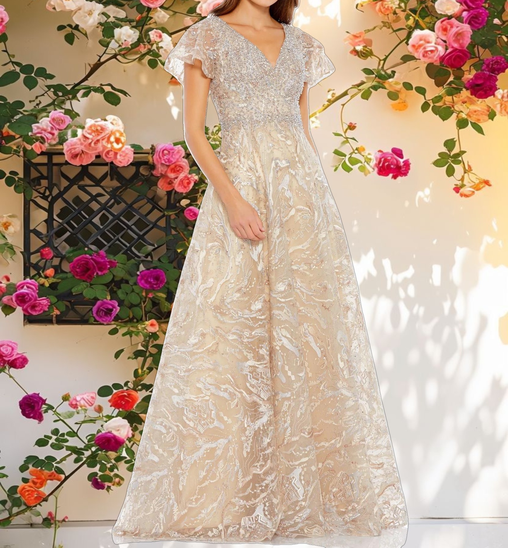 Beige Embellished Illusion Butterfly Sleeve A Line Gown