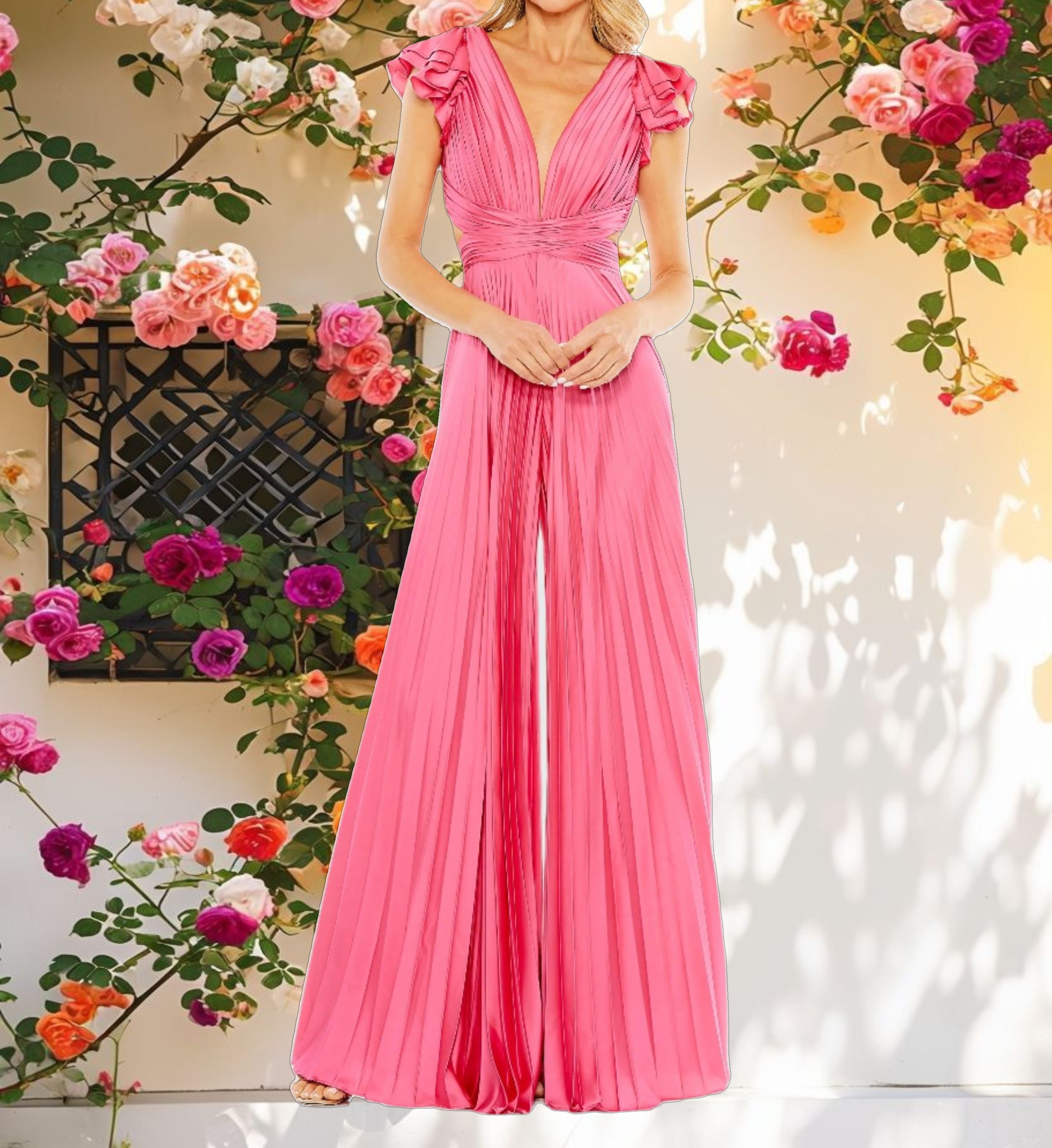 Pink Ruffle Cap Sleeve Cutout Heat Pleated Jumpsuit