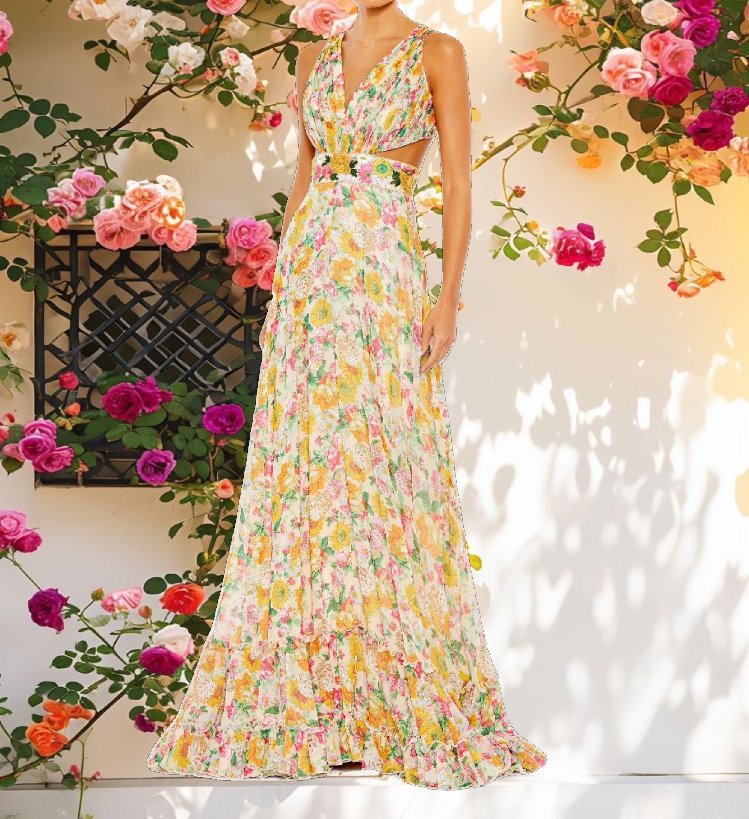 Floral Print Cut Out Lace Up Tiered Gown