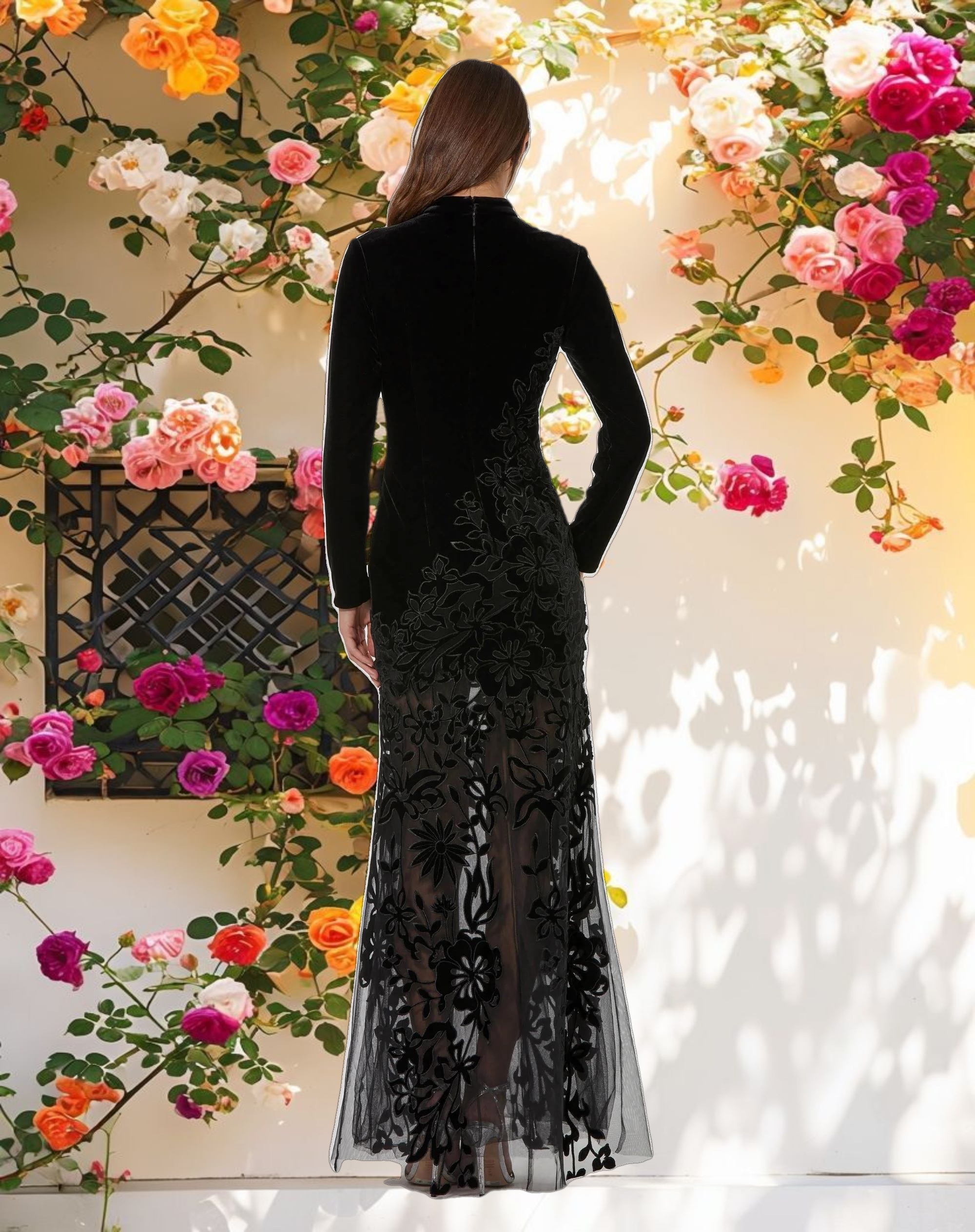 Black Long Sleeve Sheer Floral Embroidered Velvet Gown