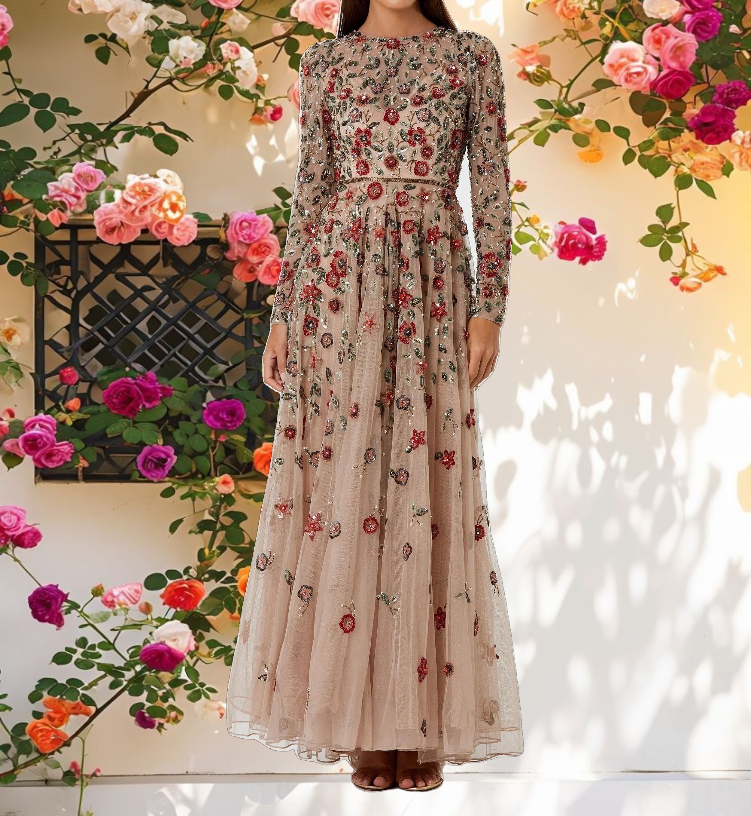 Embellished High Neck Long Sleeve A Line Gown