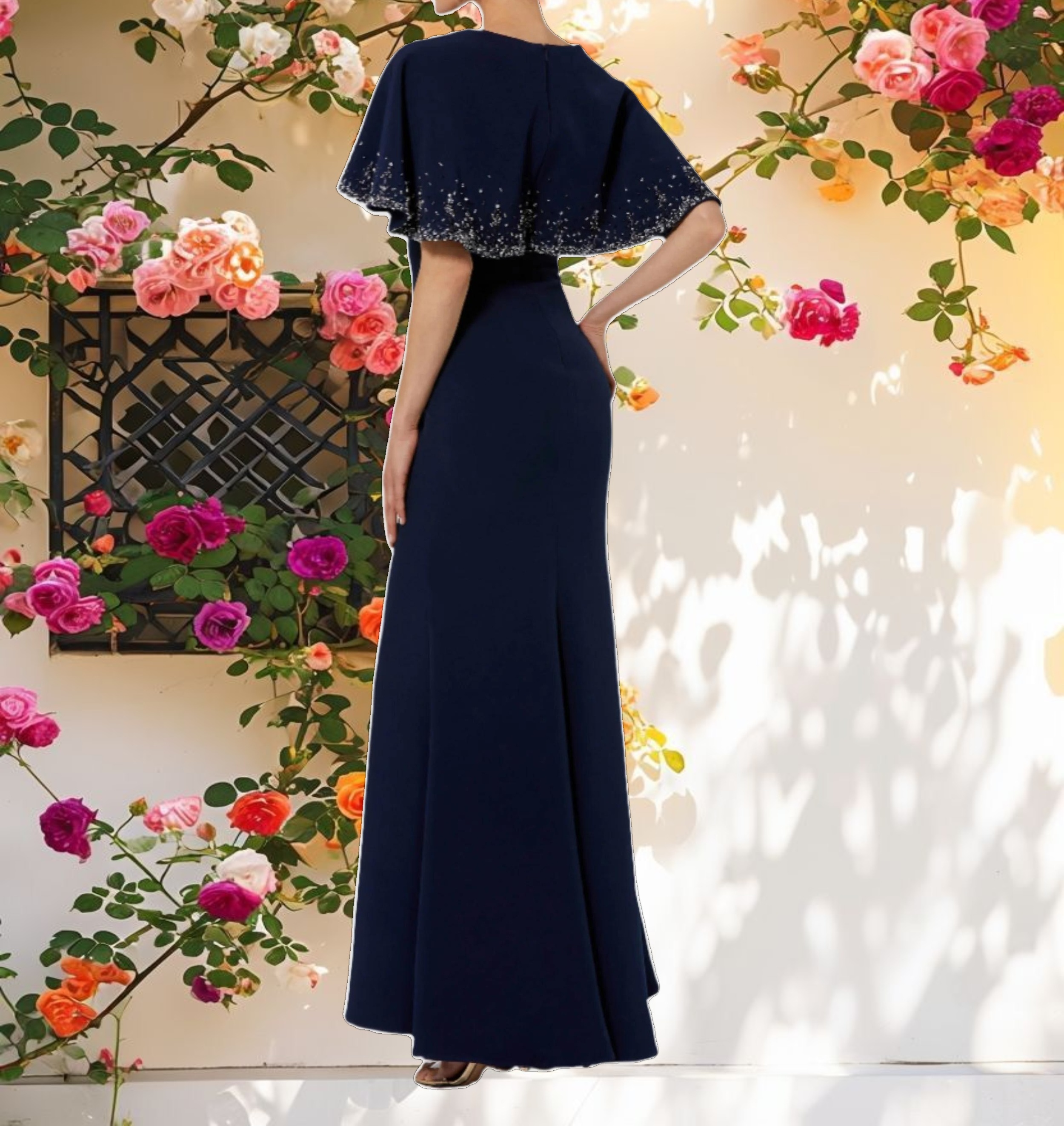 Crepe High Neck Fitted Gown With Beaded Shawl