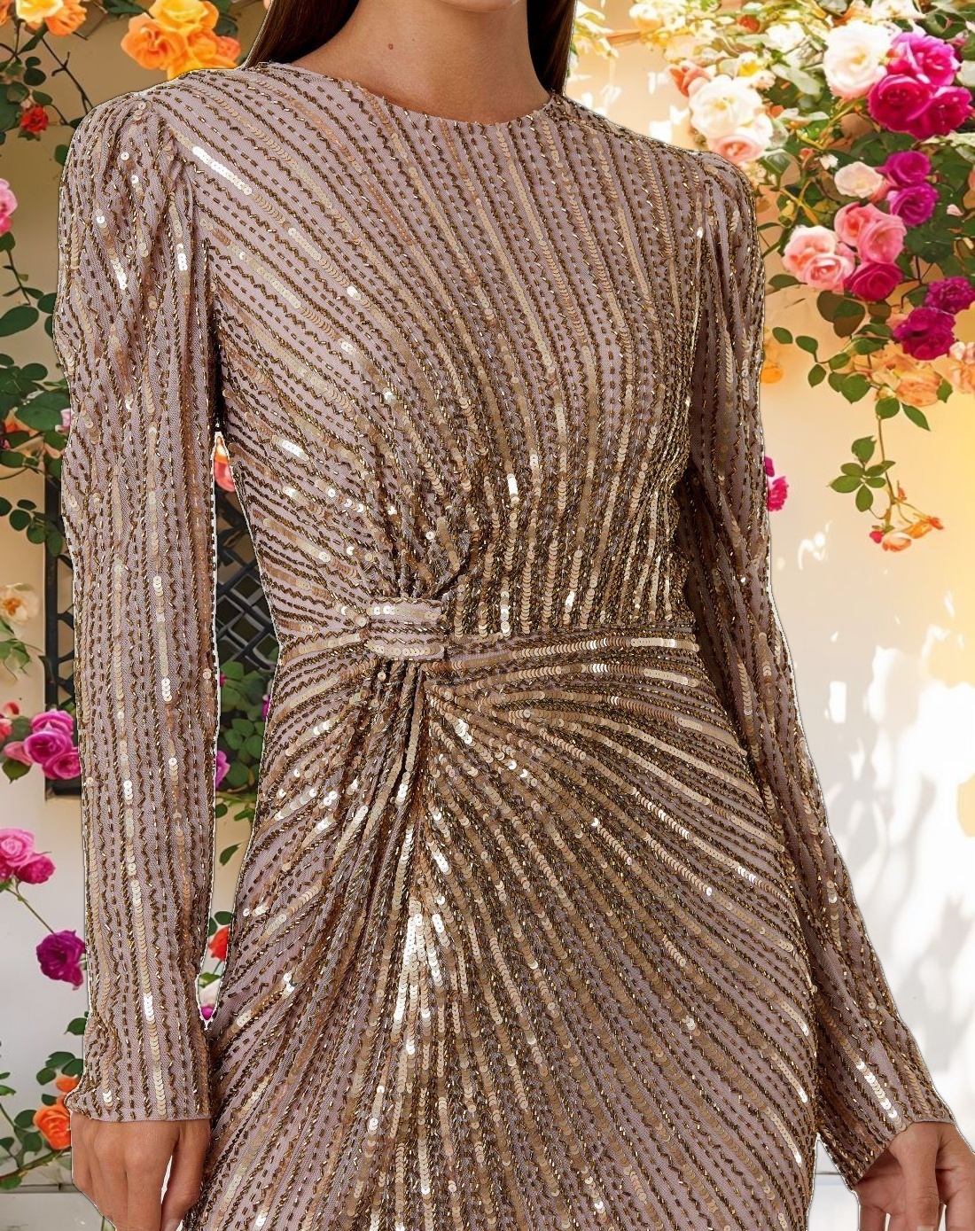 Brown Embellished Puff Sleeve Side Knot Gown