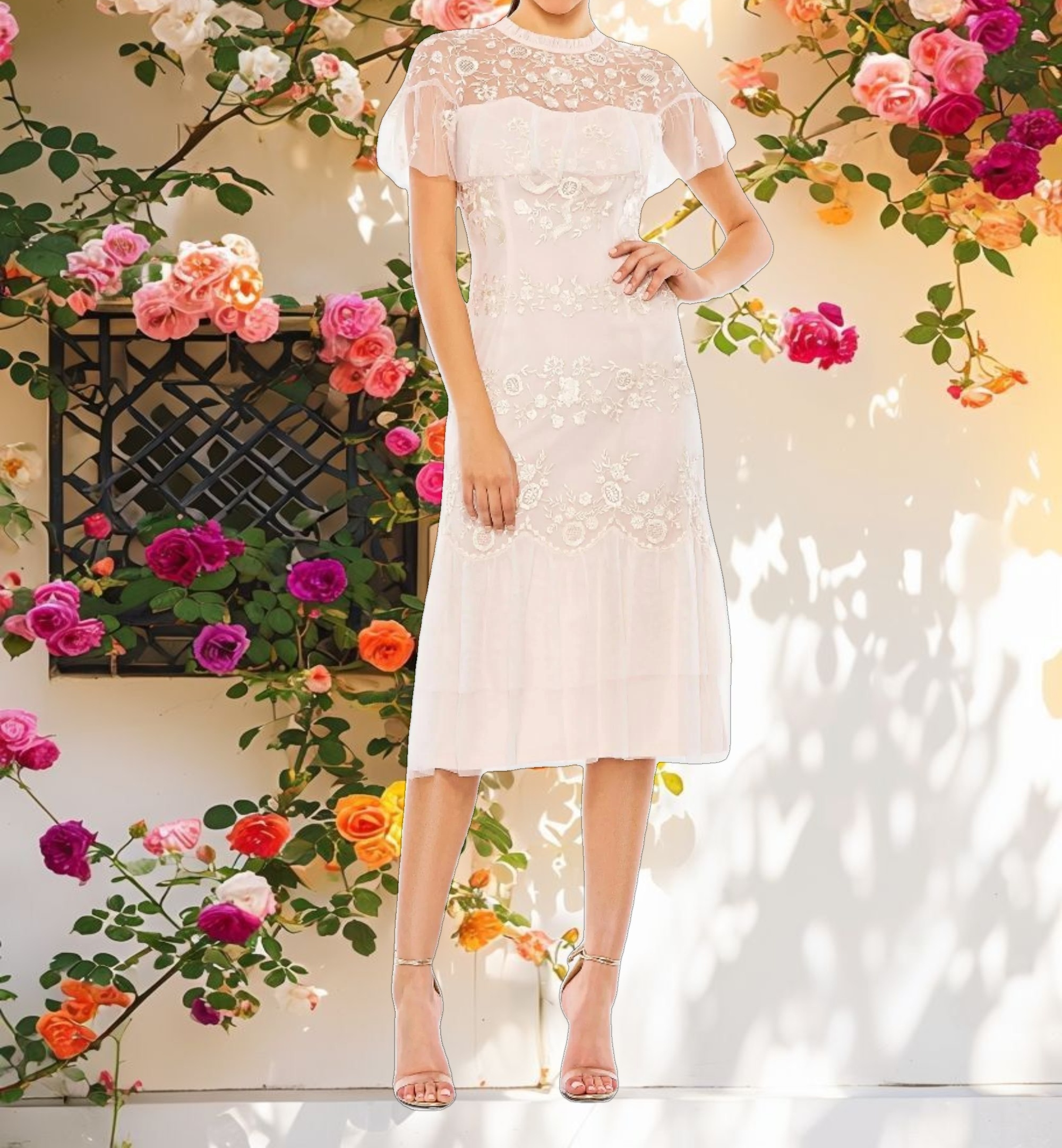 Pink High Neck Mesh Tier Embroidered Dress