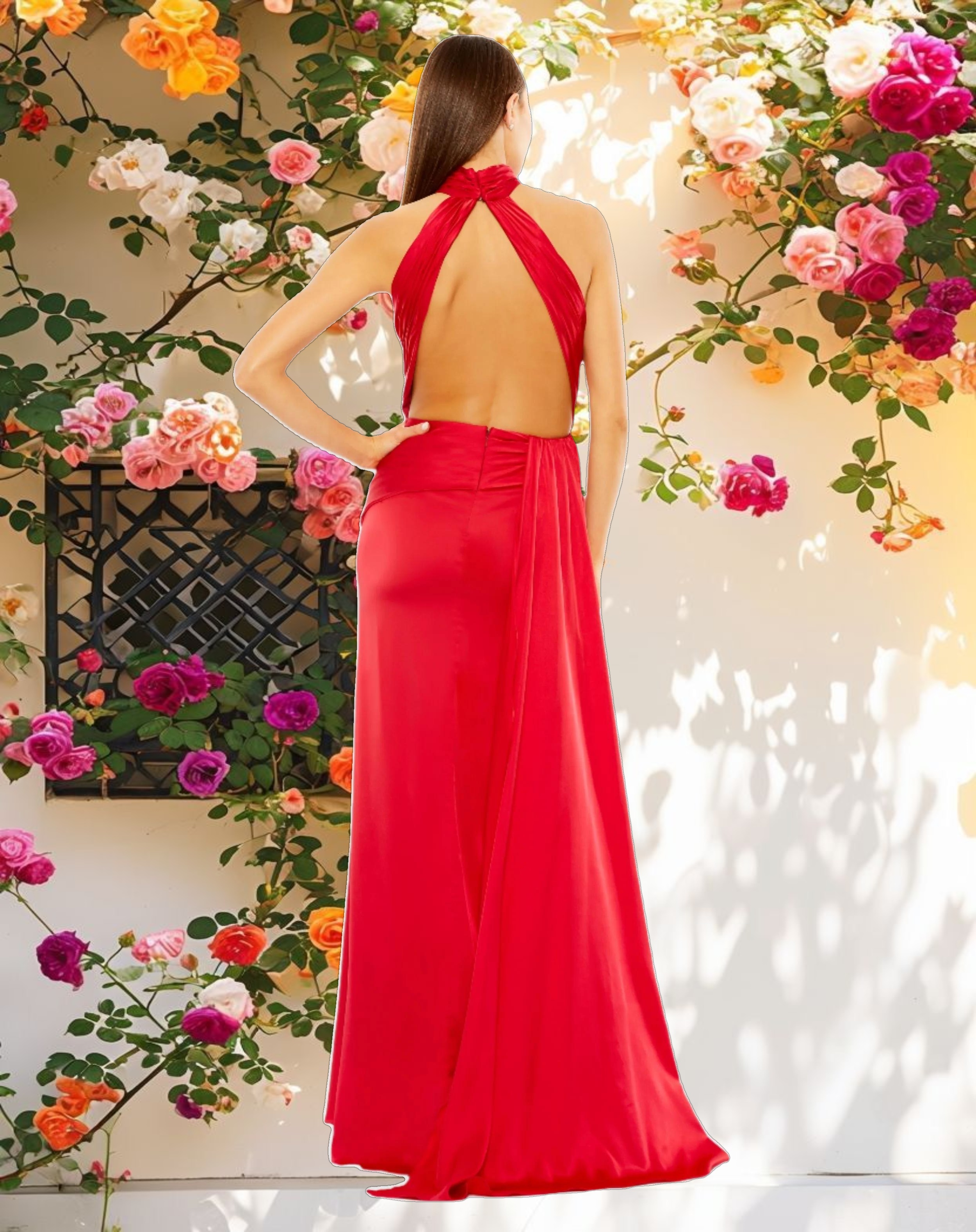 Red Open Back High Neck Side Ruched Gown