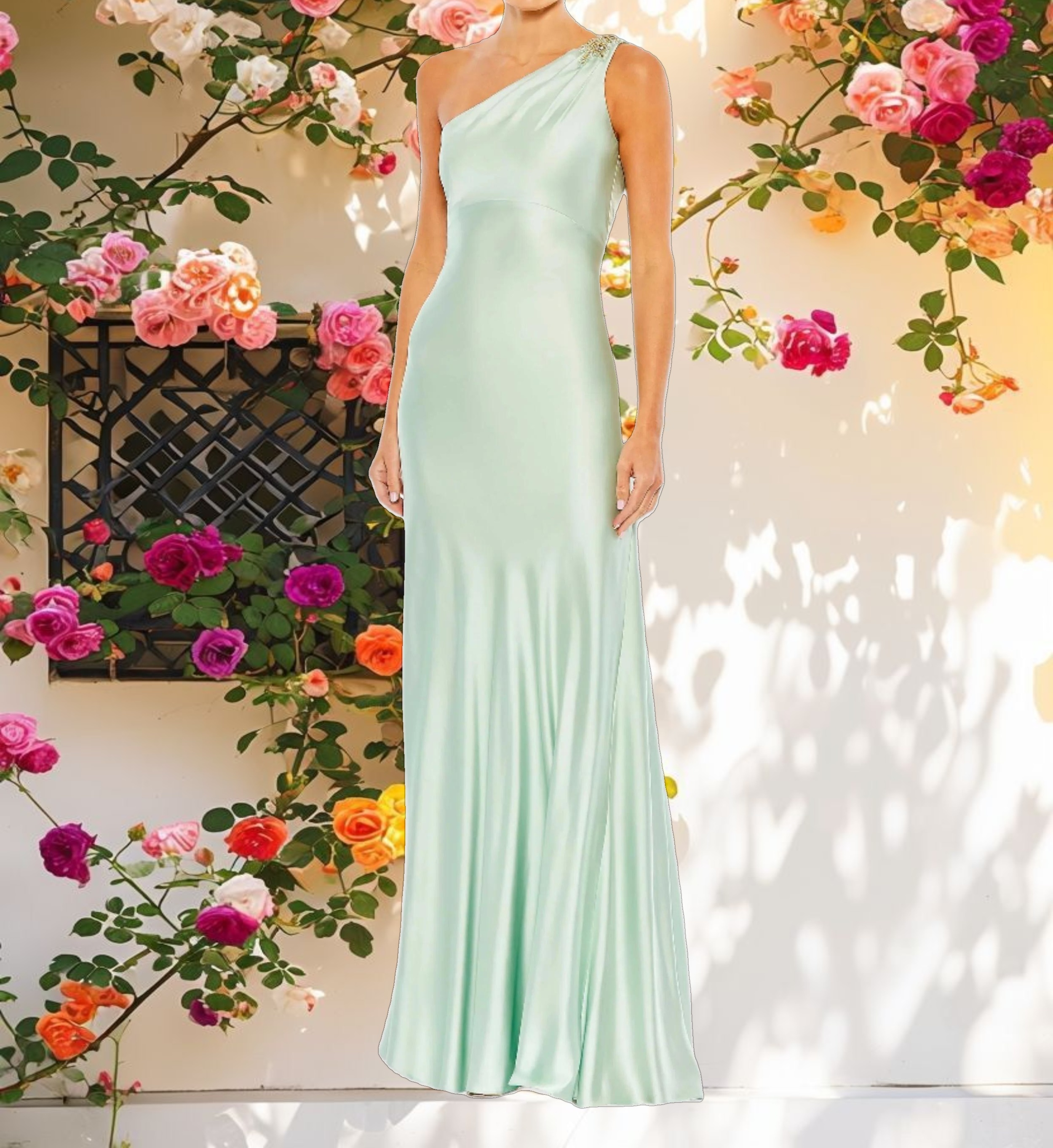 Green Beaded One Shoulder Column Gown