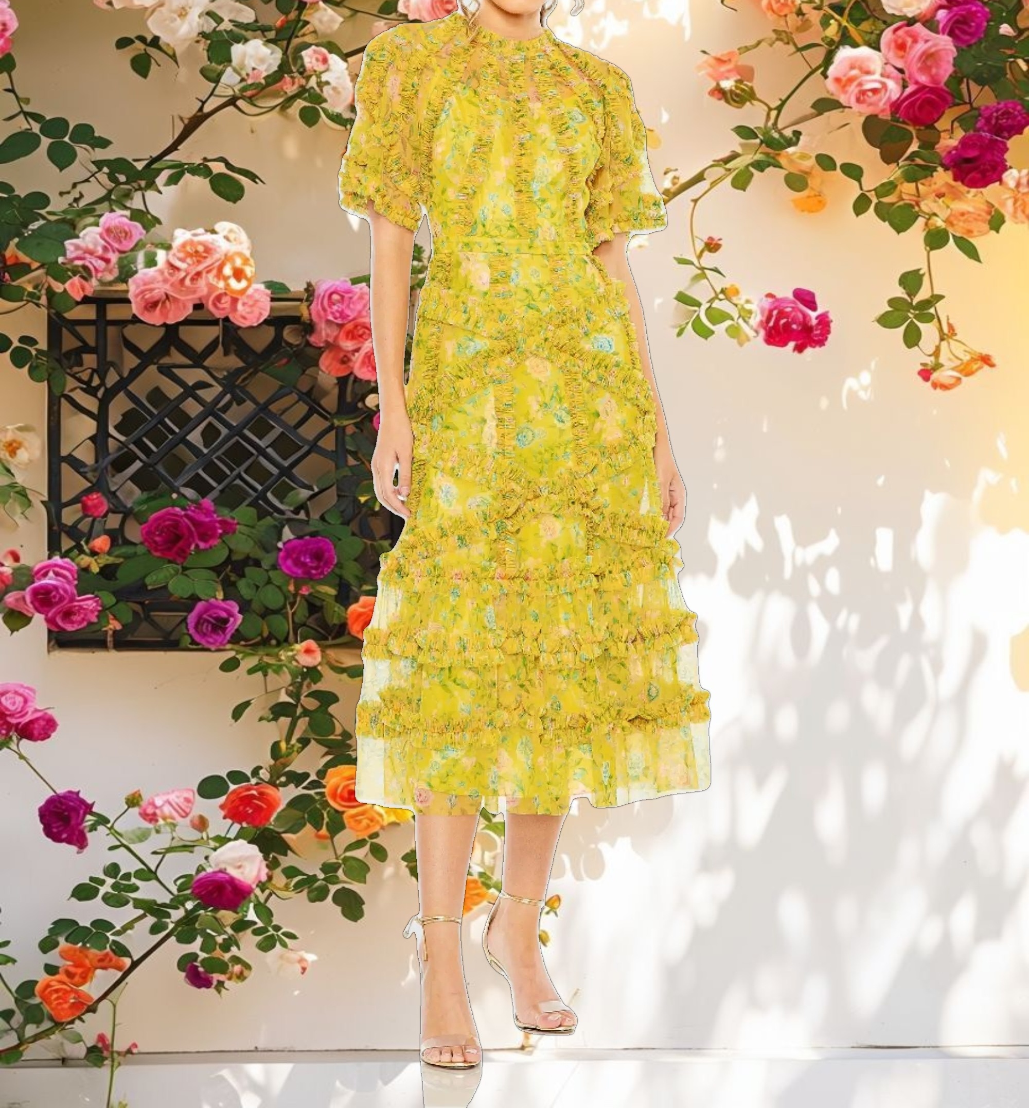 Floral Flutter Sleeve Mesh Print Dress