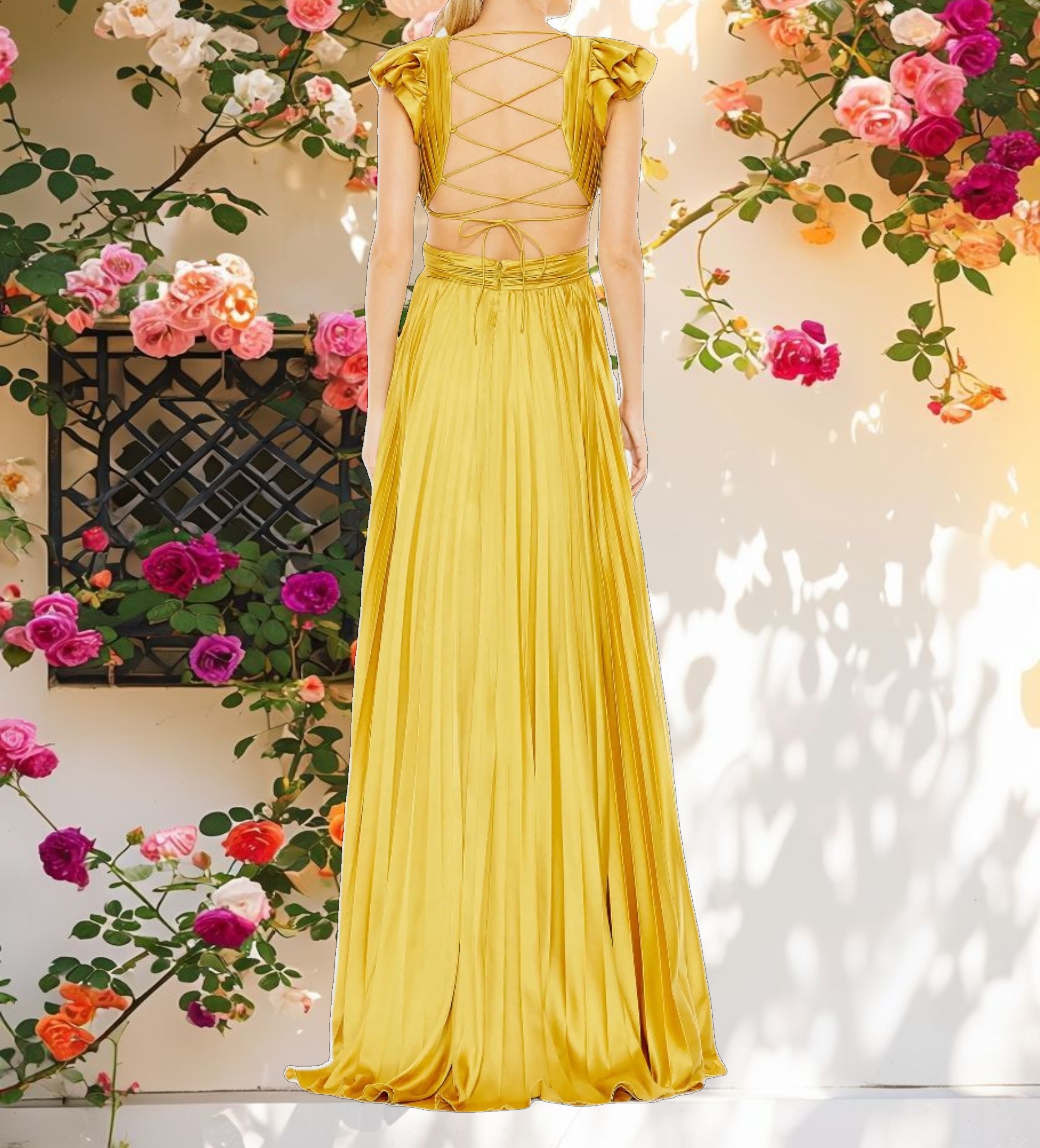 Yellow Ruffled Cap Sleeve Cut Out Lace Up Gown