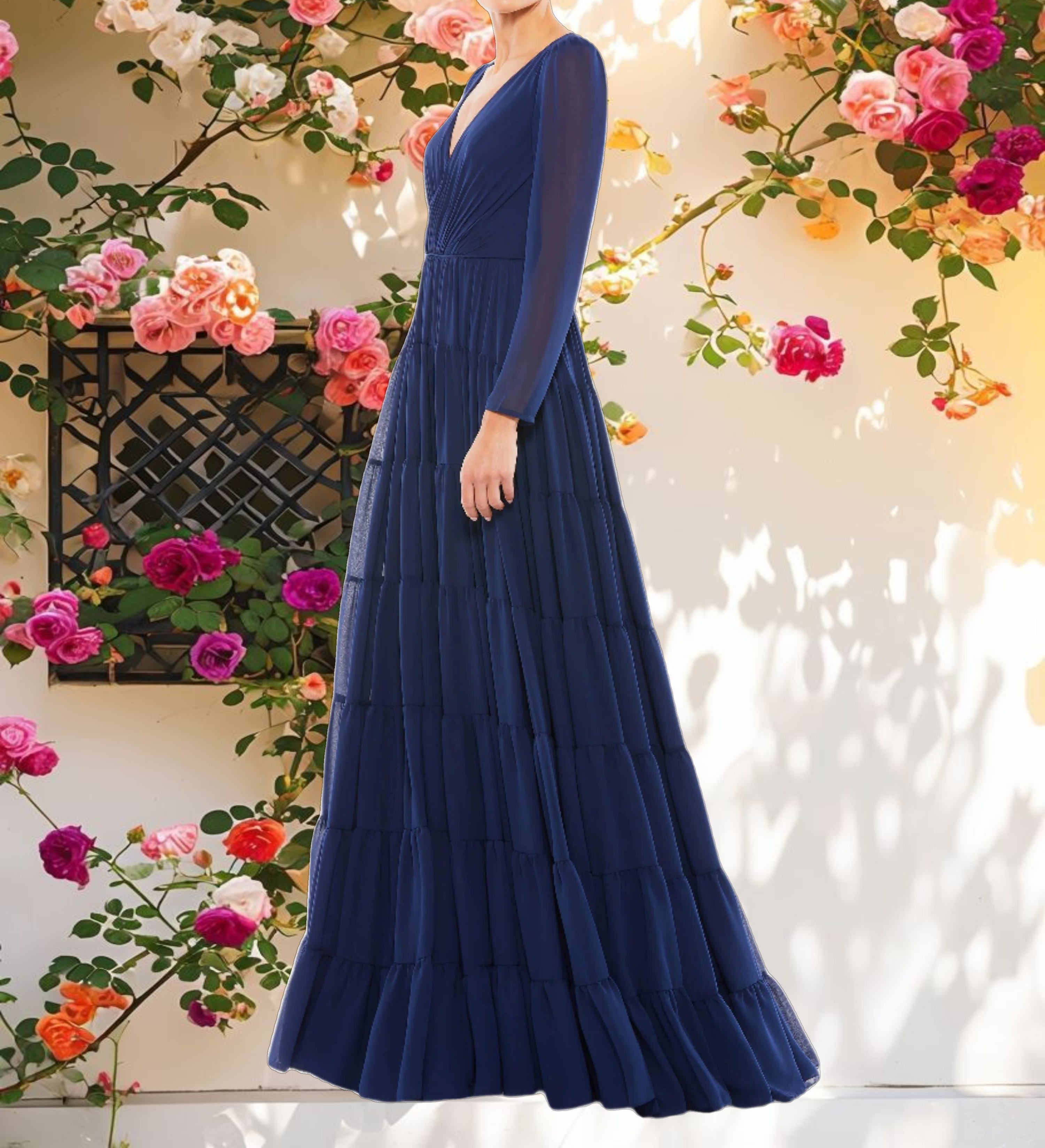 Navy Faux Wrap Illusion Long Sleeve Tiered Gown