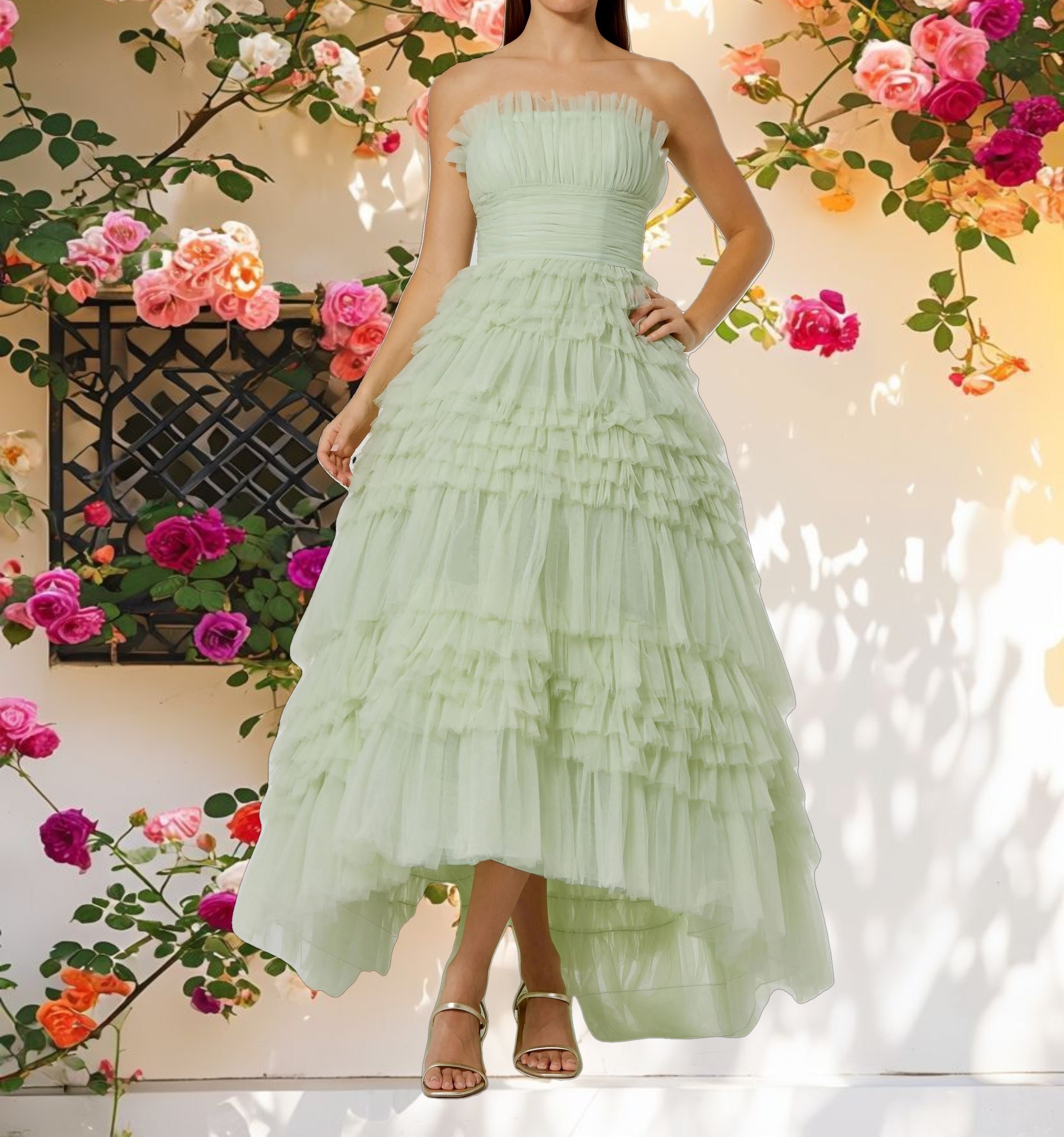 Green Strapless Tulle Ruffle Formal Dress
