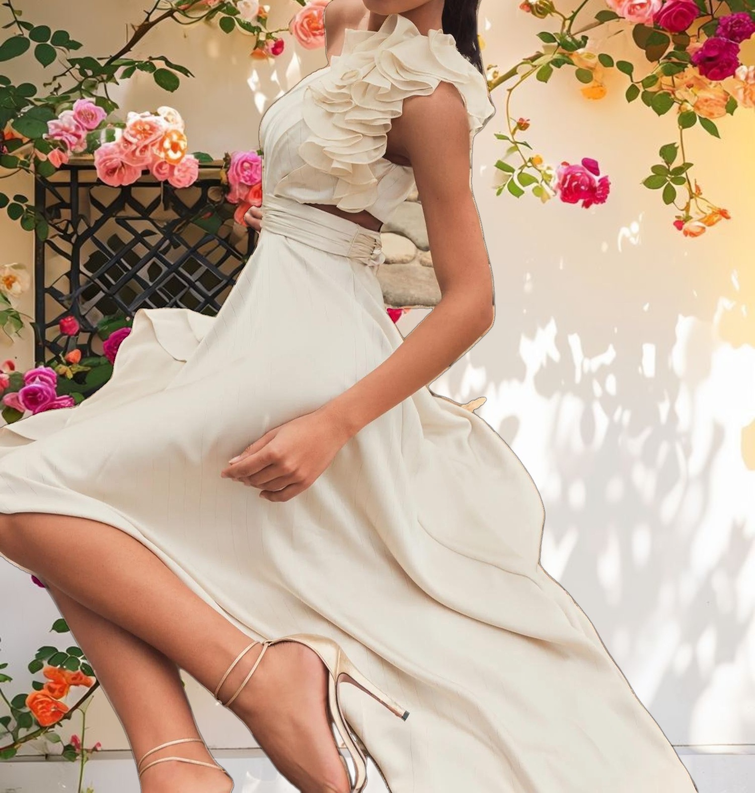 Beige Ruffled One Shoulder Cut Out Hi Low Gown