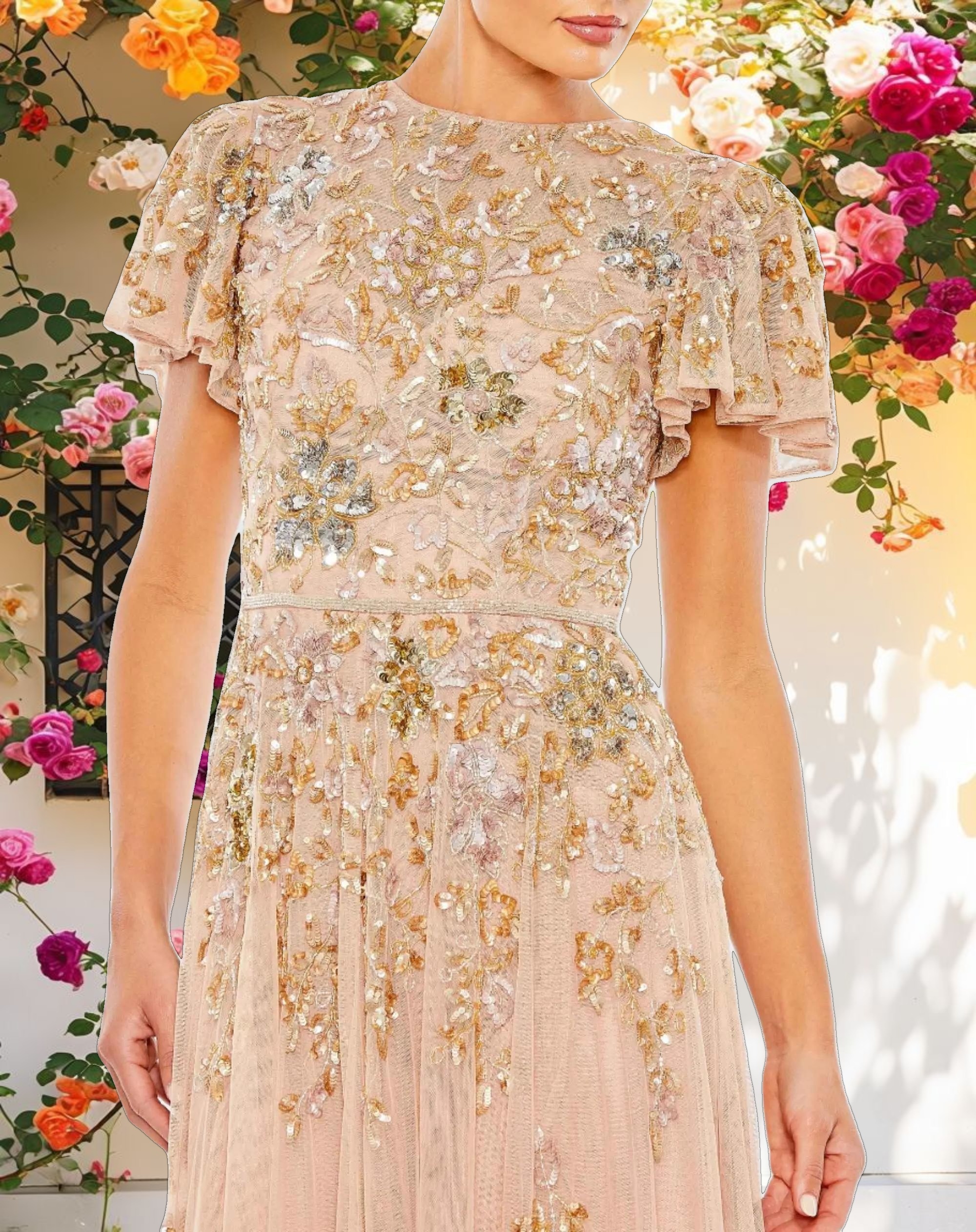 Pink Decorated Butterfly Sleeve High Neck Dress