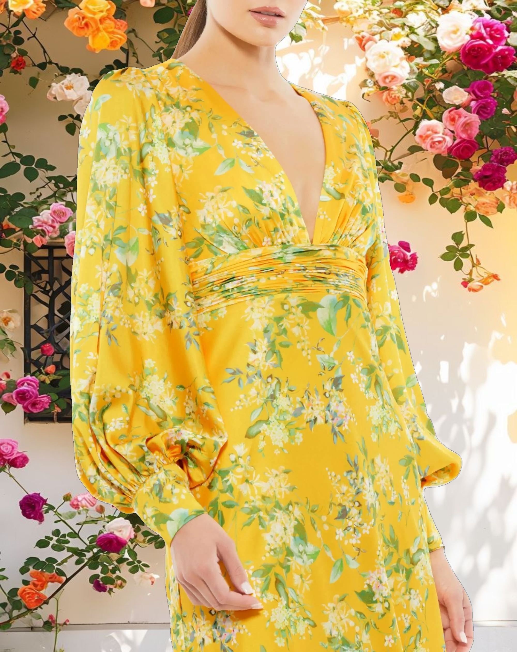 Floral Bishop Long Sleeve V Neck Gown