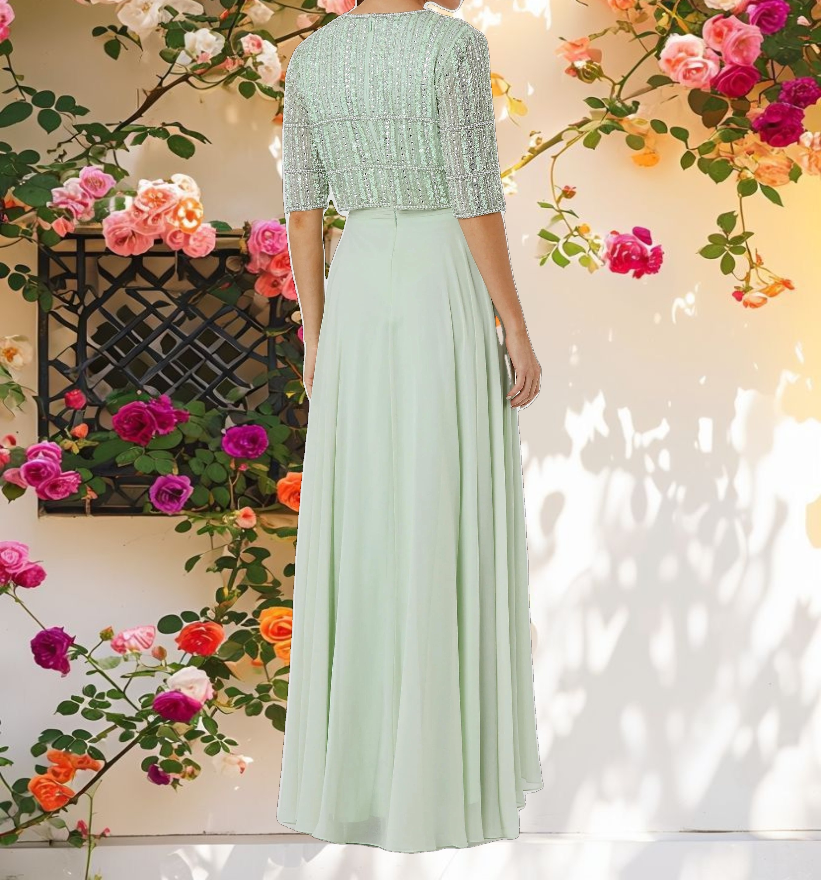 Green Chiffon Gown w/ Fully Beaded 3/4 Sleeve Top