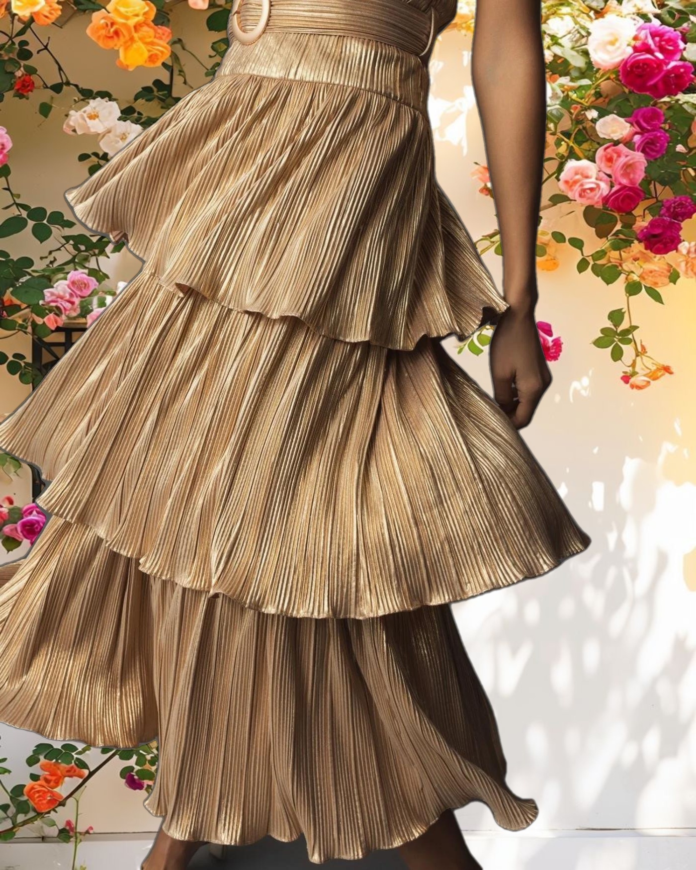 Gold Ruffle Tiered Buckle Detail Dress