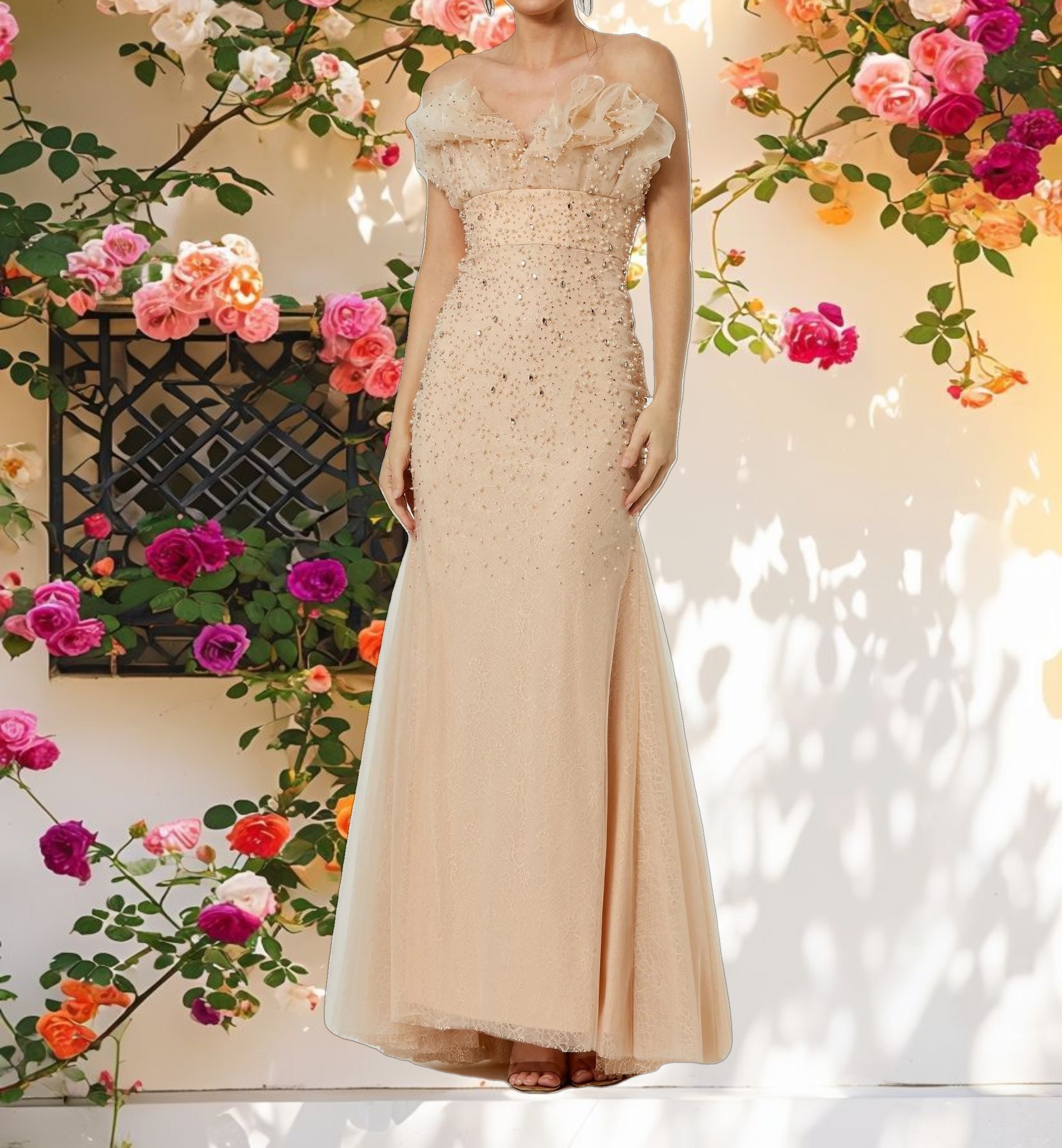 Strapless Embellished Tulle Mermaid Gown