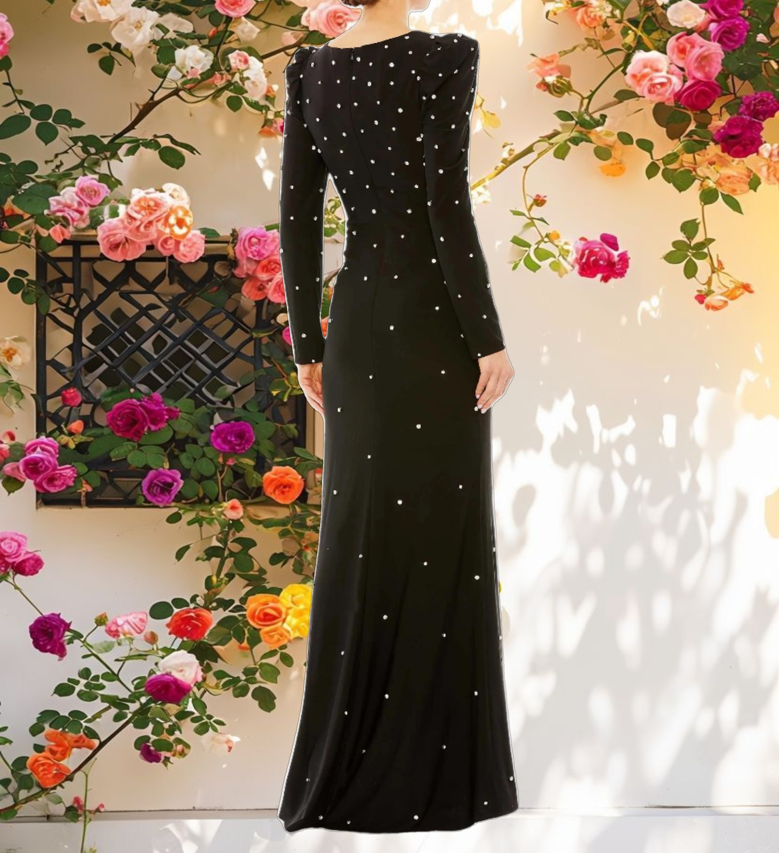 Rhinestone Encrusted Long Sleeve V Neck Gown