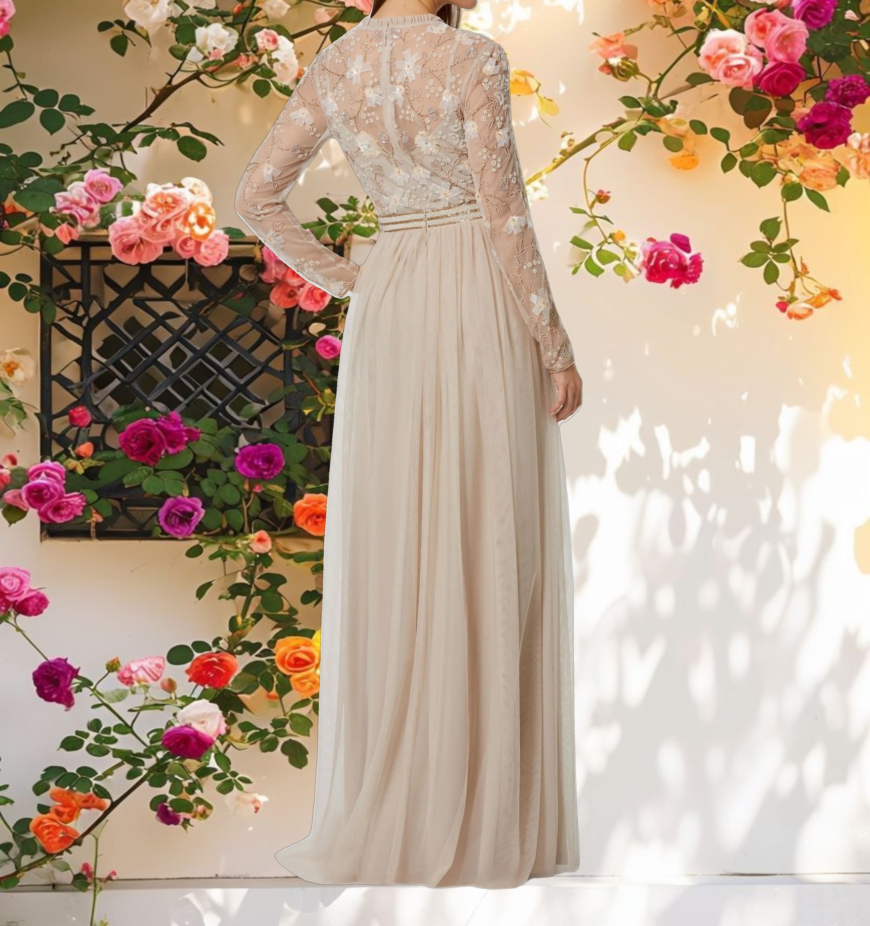 Embellished Illusion High Neck Long Sleeve Gown