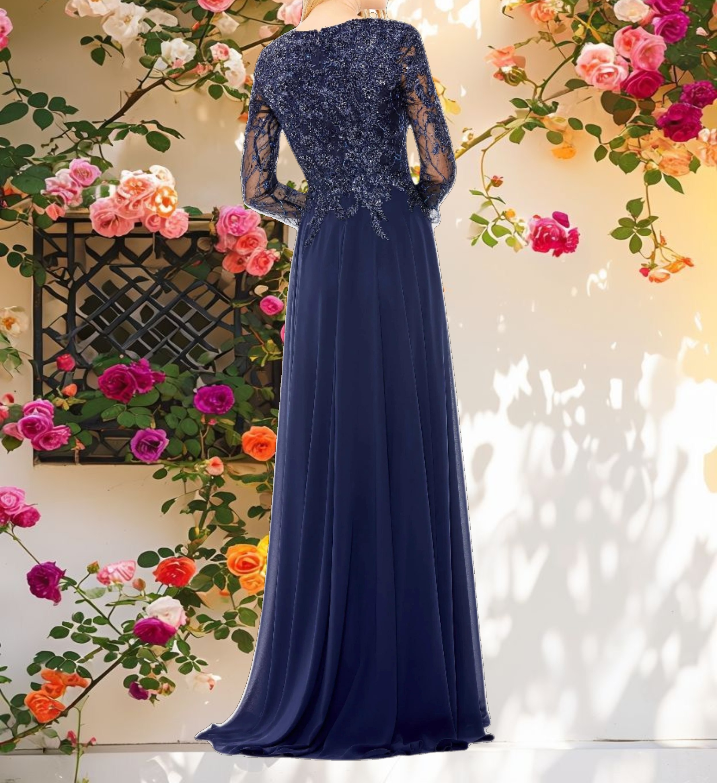 Blue Embellished Illusion V Neck Long Sleeve Gown