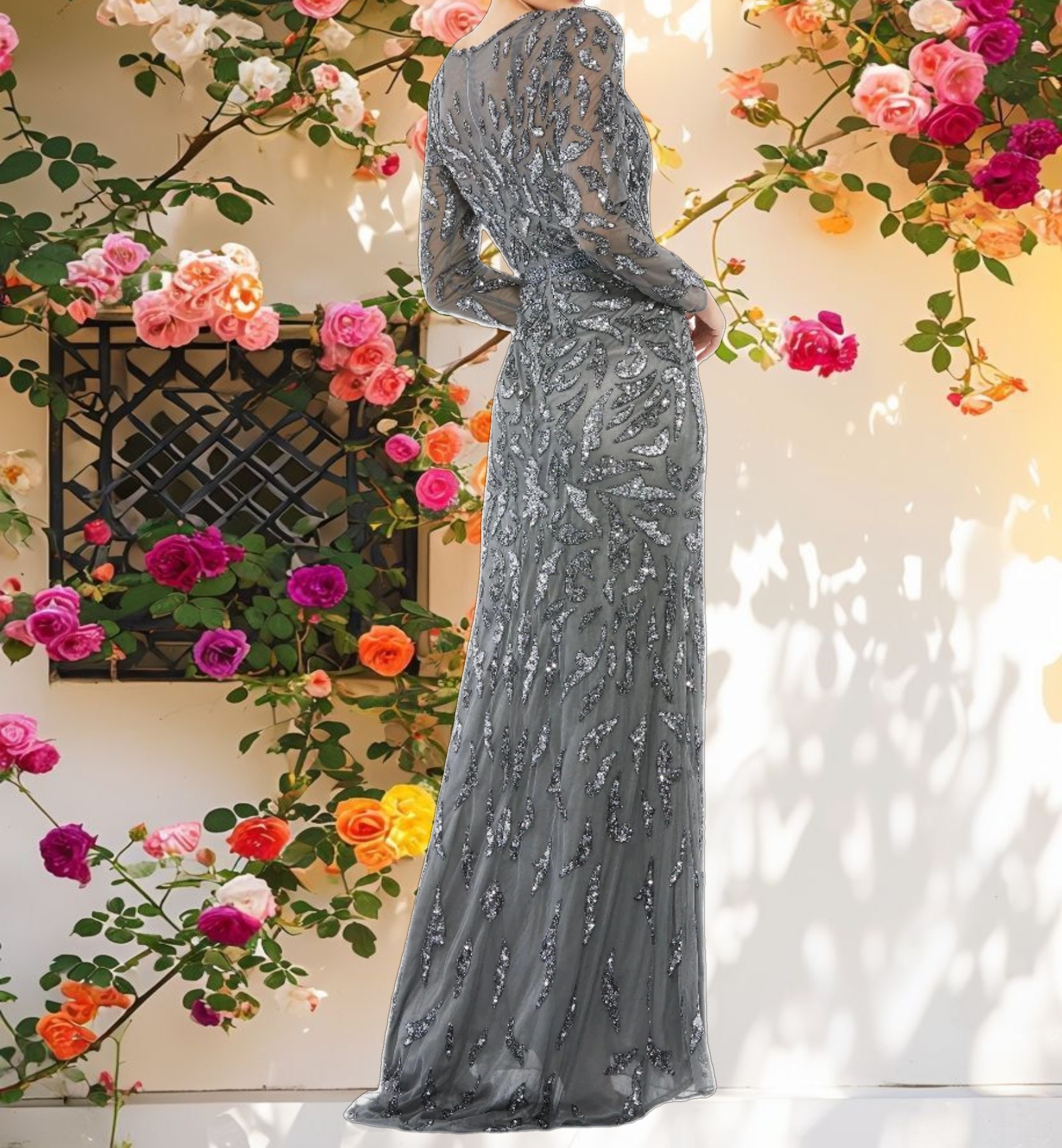 Dark Gray Beaded Long Sleeve Evening Gown