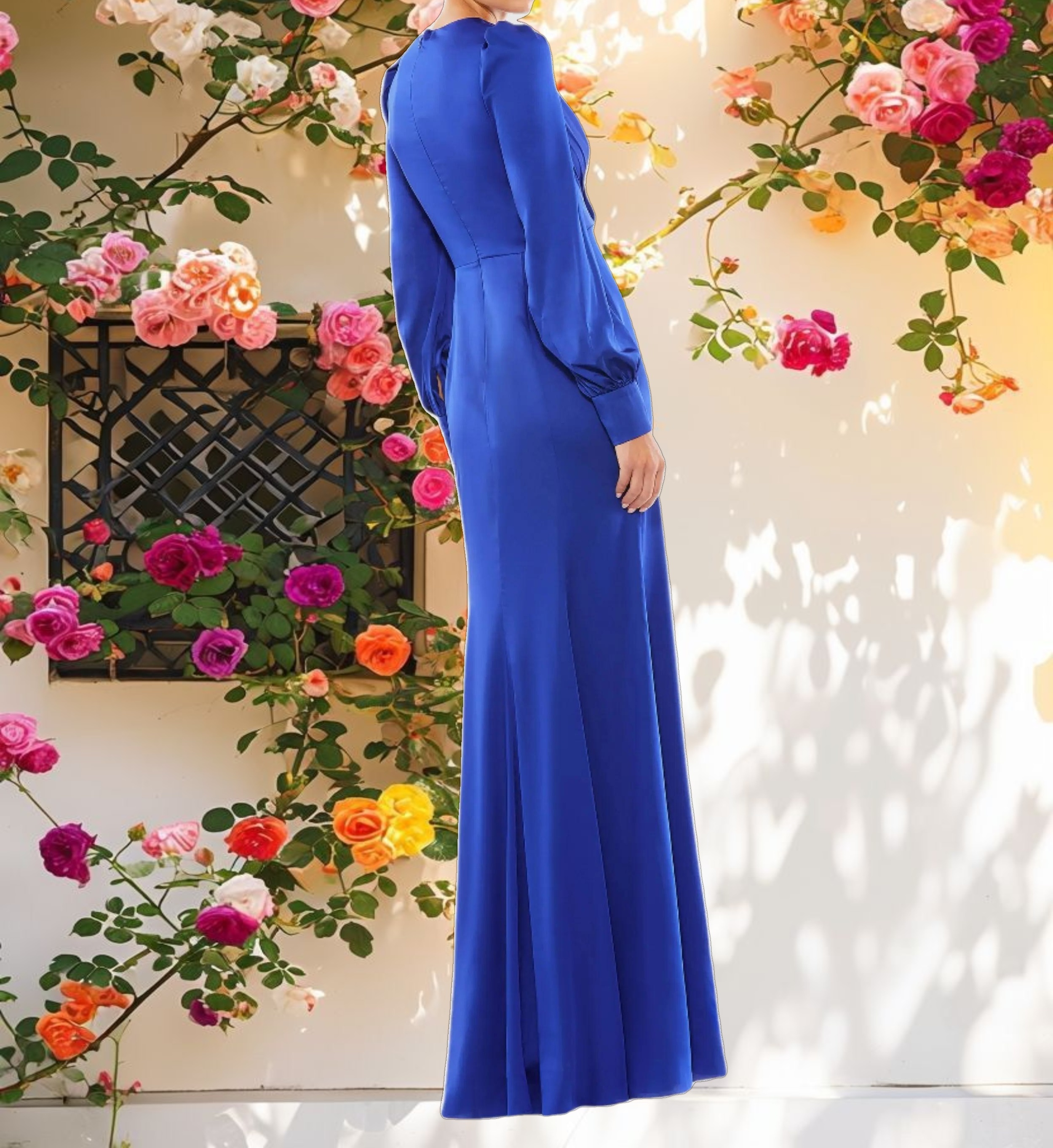 Blue Satin Ruched Bishop Sleeve Gown
