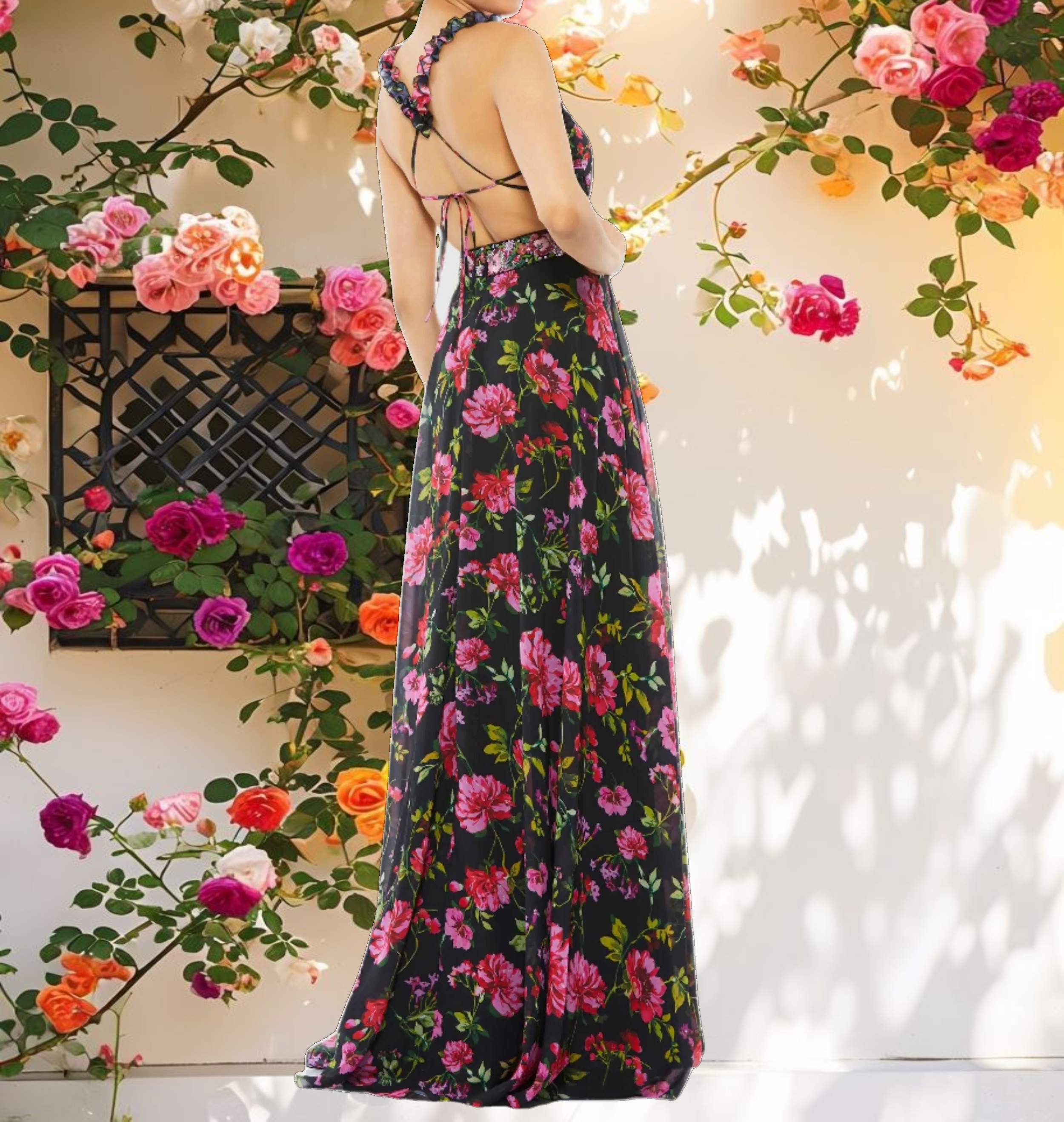 Black Embellished Belt Ruffled Halter Strap Gown