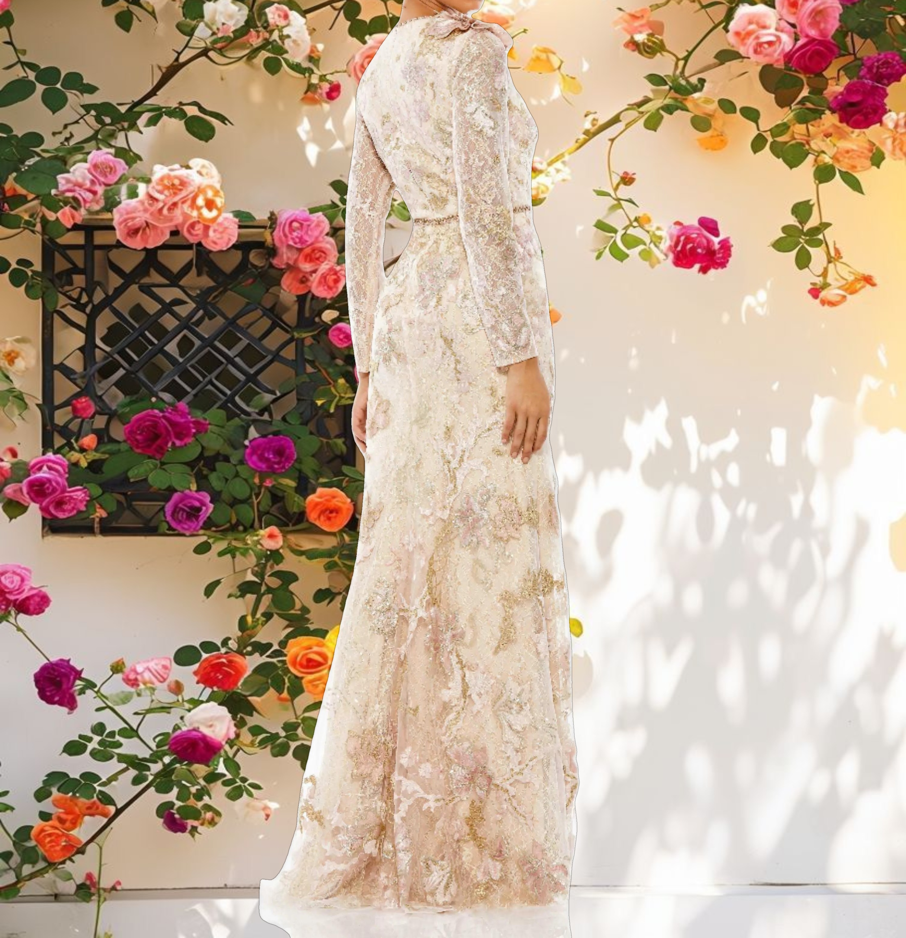 Rose and Cream Stitched Net Gown