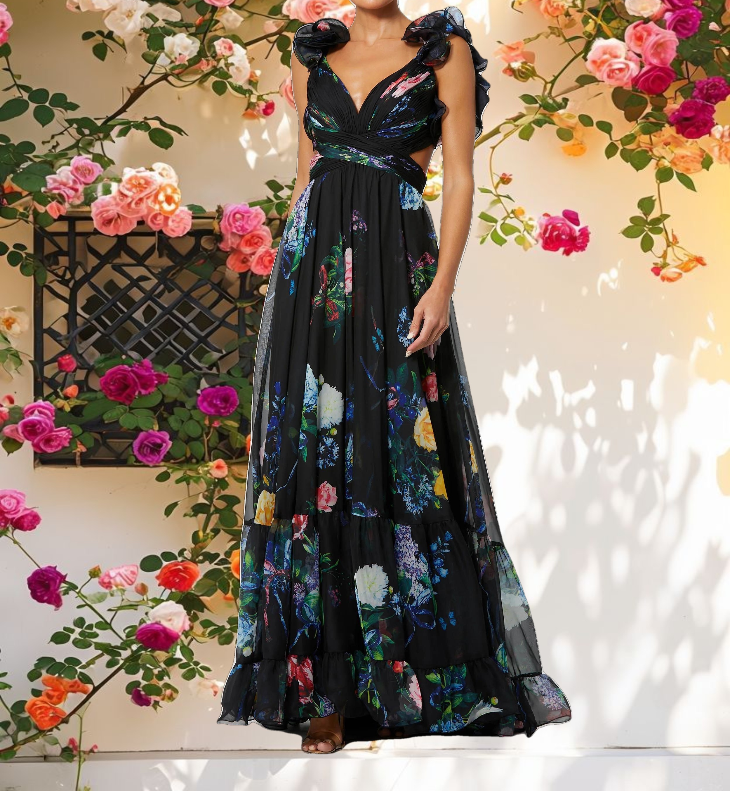 Ruffle Floral Cut Out Gown