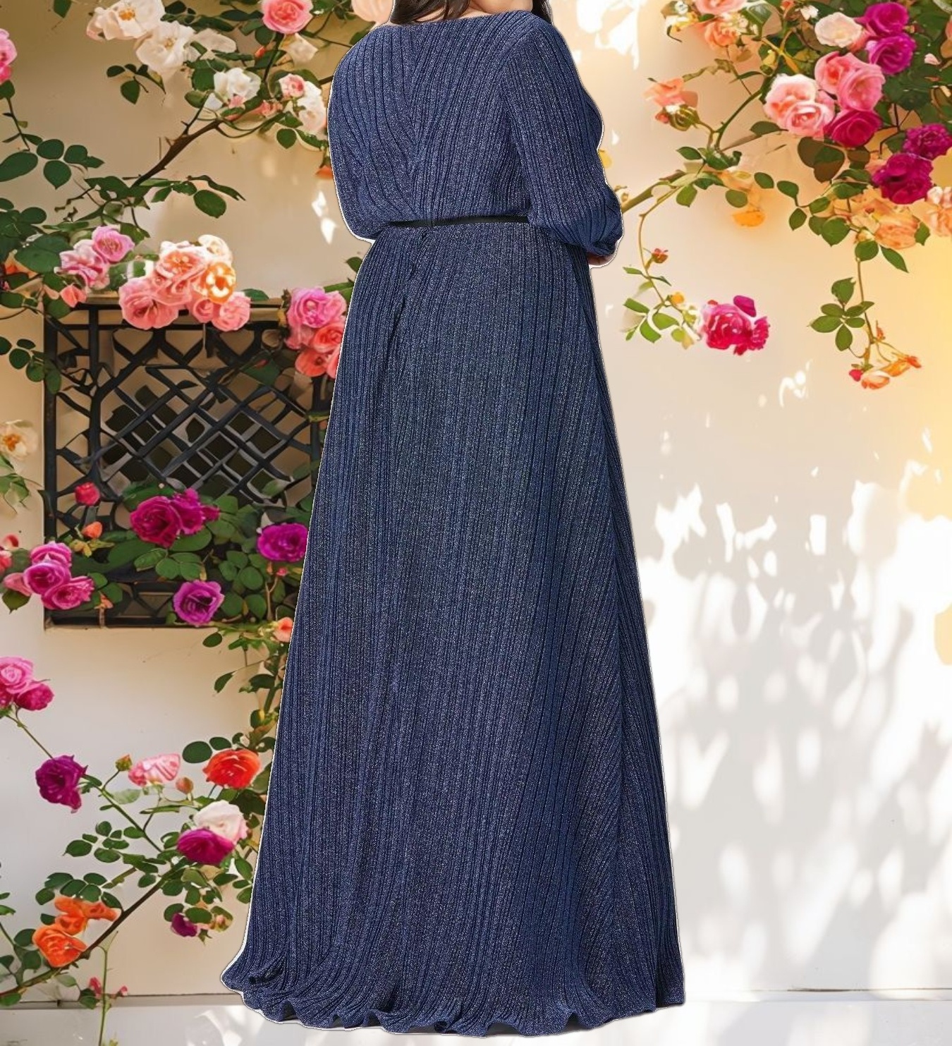 Navy Shimmering V-Neck Evening Gown