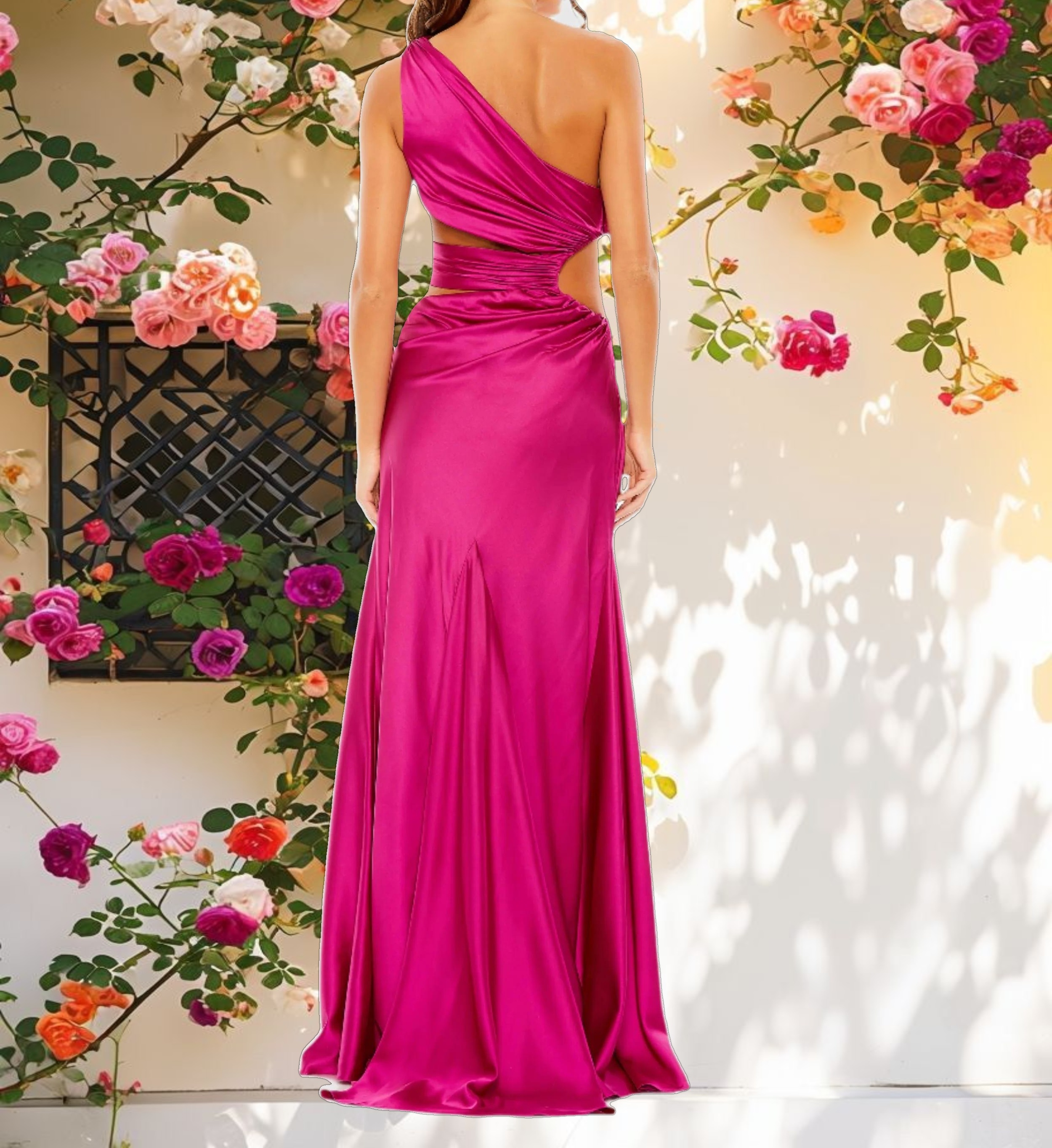 Rose Cut Out Off-Shoulder Silk Dress