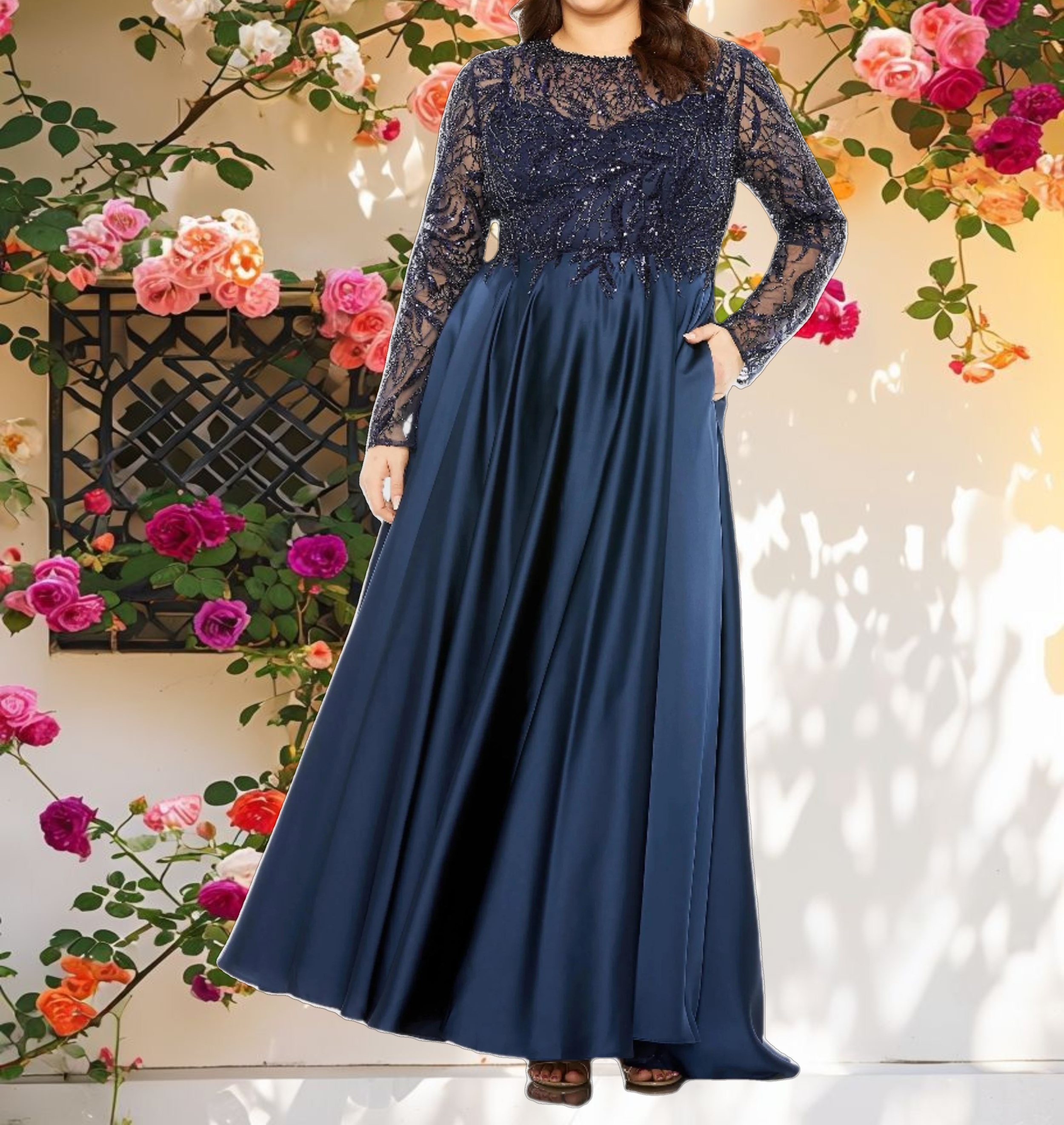 Sheer Long Sleeve Beaded Top Satin Gown