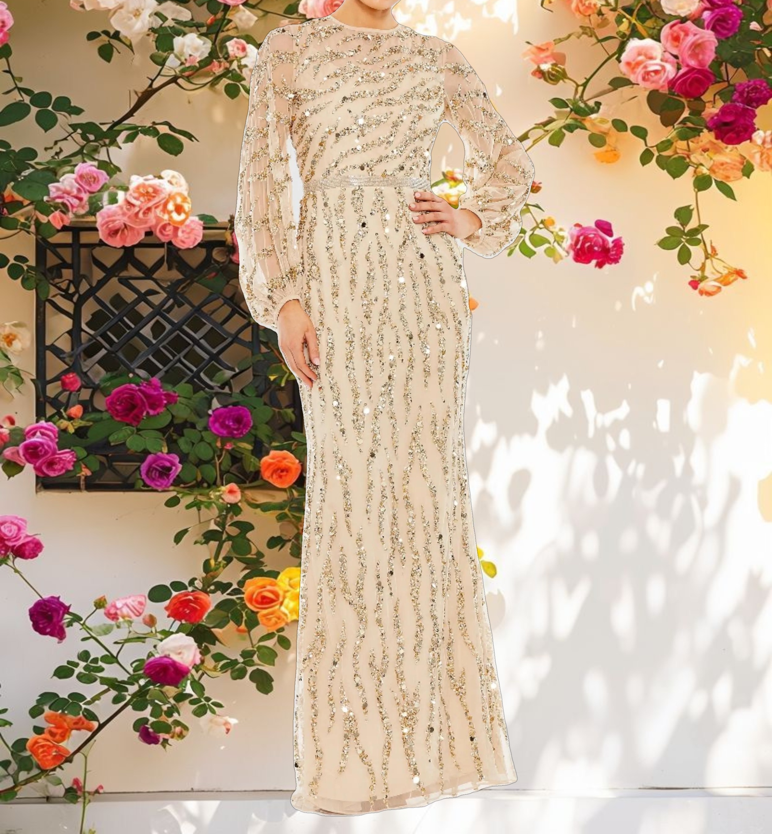 Embellished High Neck Puff Sleeve Trumpet Gown