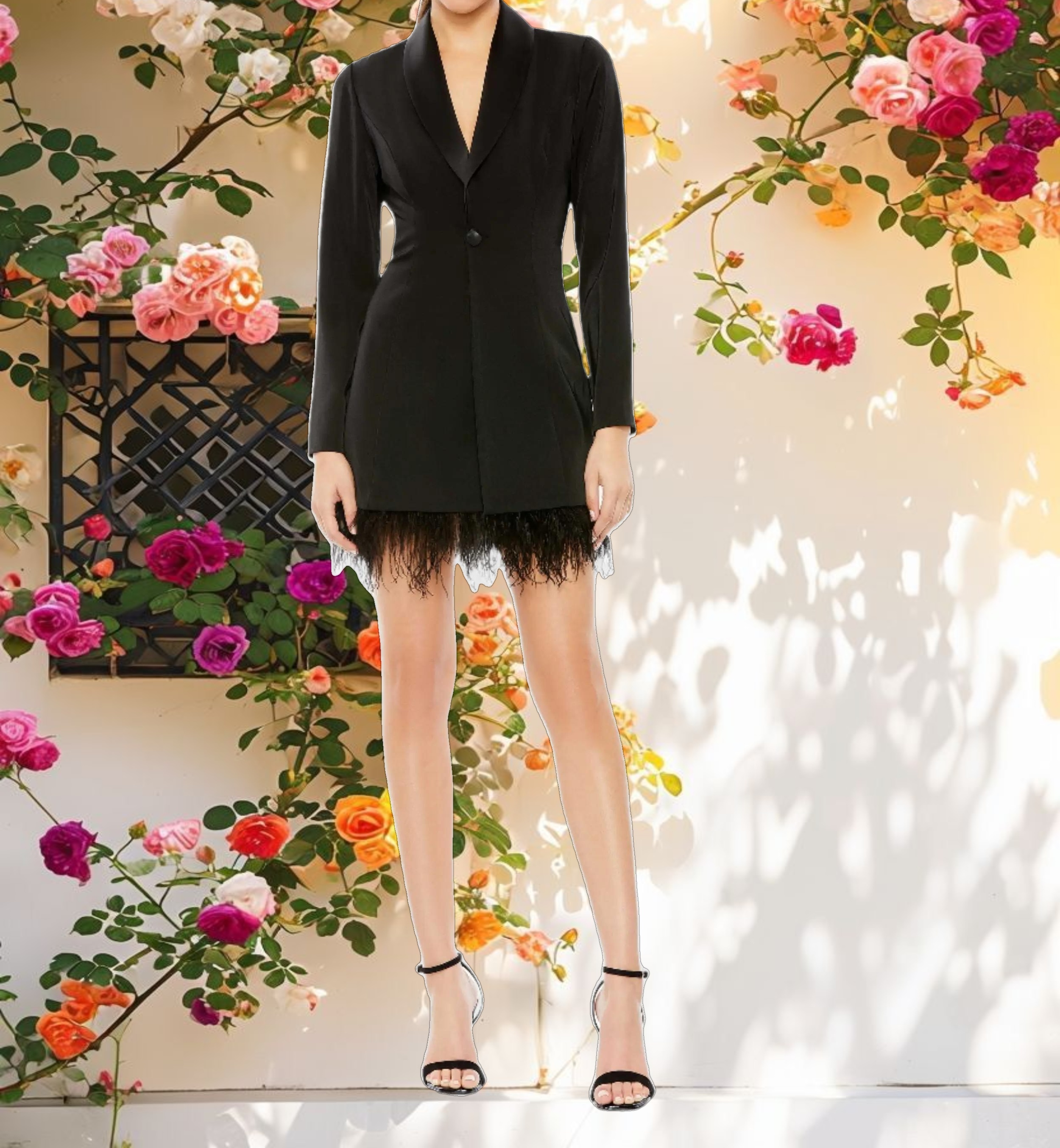 Black Feathered Trim Tuxedo Dress