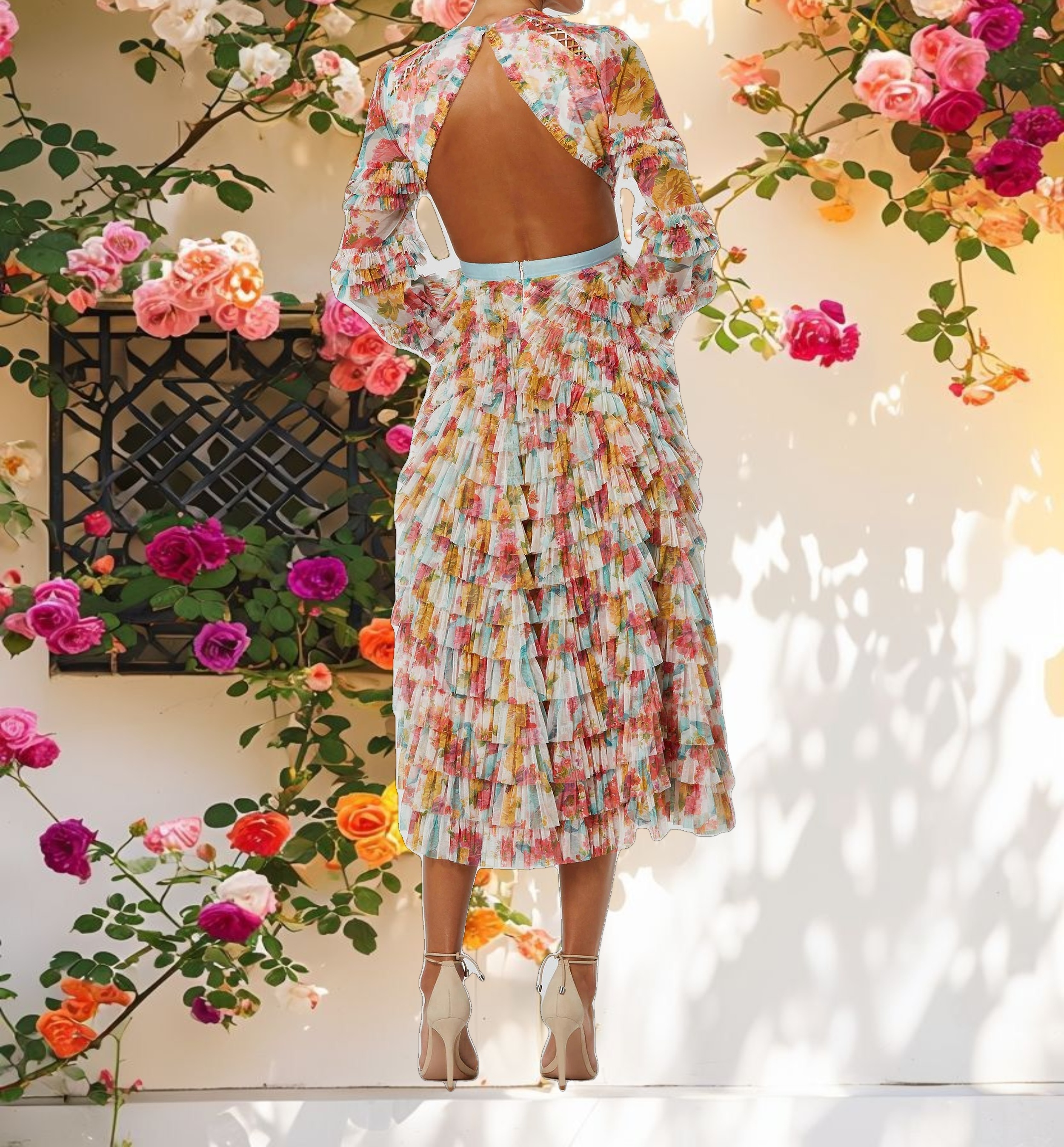 Multicolor Long Sleeve Ruffle Criss Cross Midi Dress