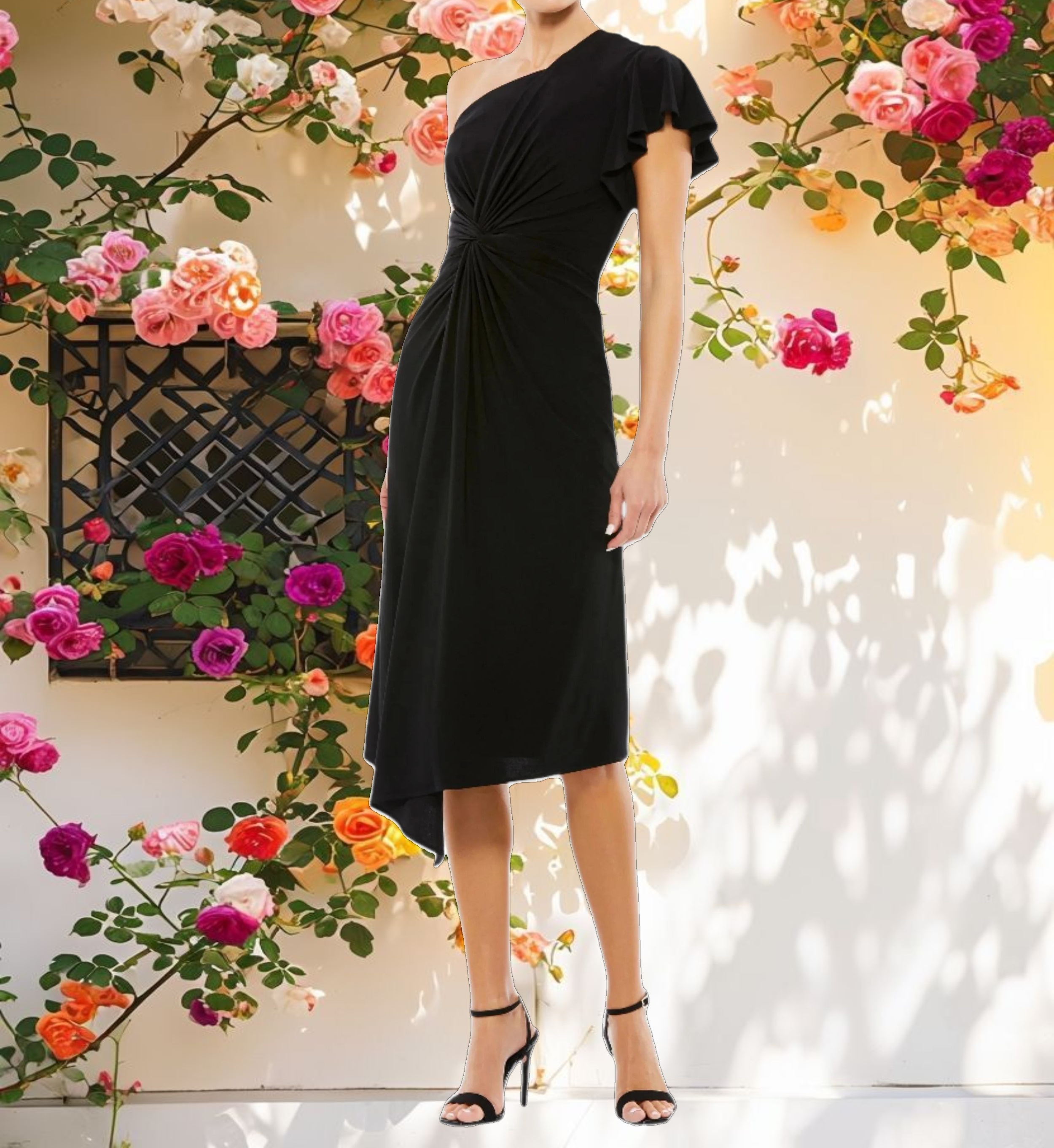 Black One Shoulder Midi Length Jersey Dress