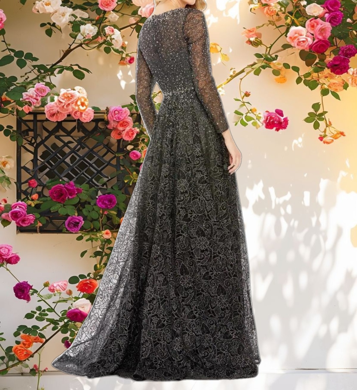 Gray Embellished Illusion Long Sleeve V Neck Gown