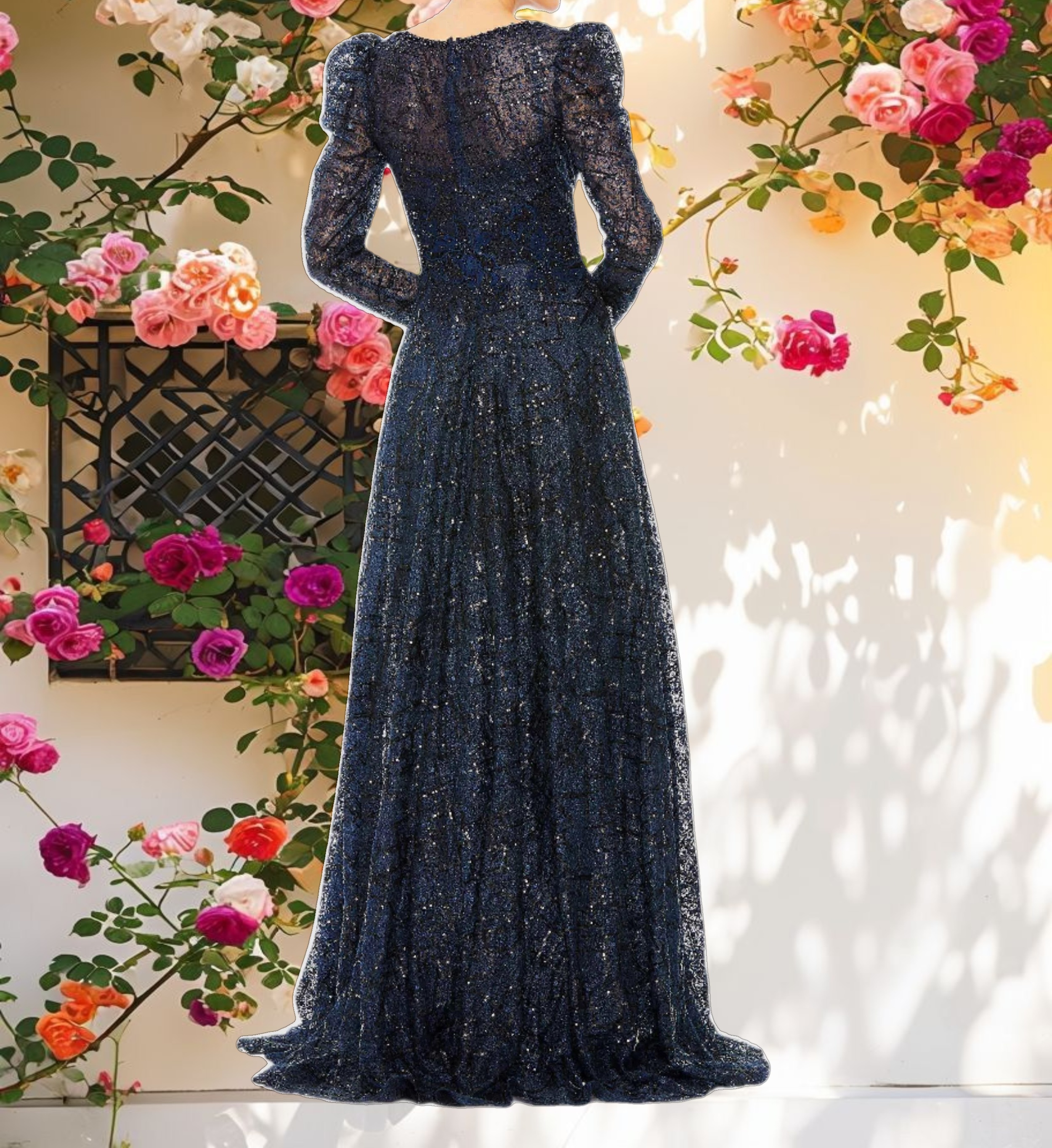 Navy Embellished V Neck Long Sleeve A Line Gown