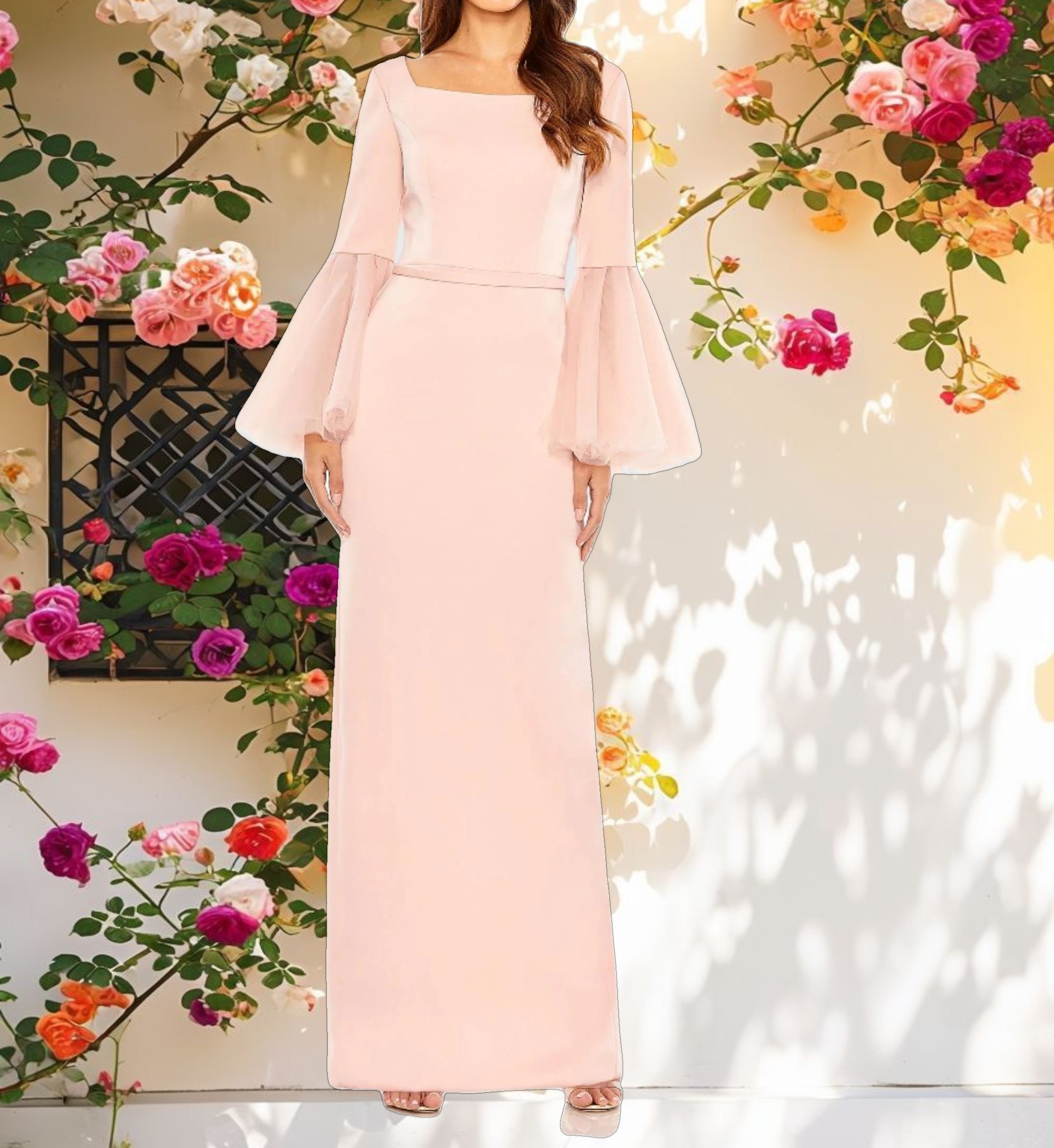 Pink Flounce Sleeve Square Neck Column Gown