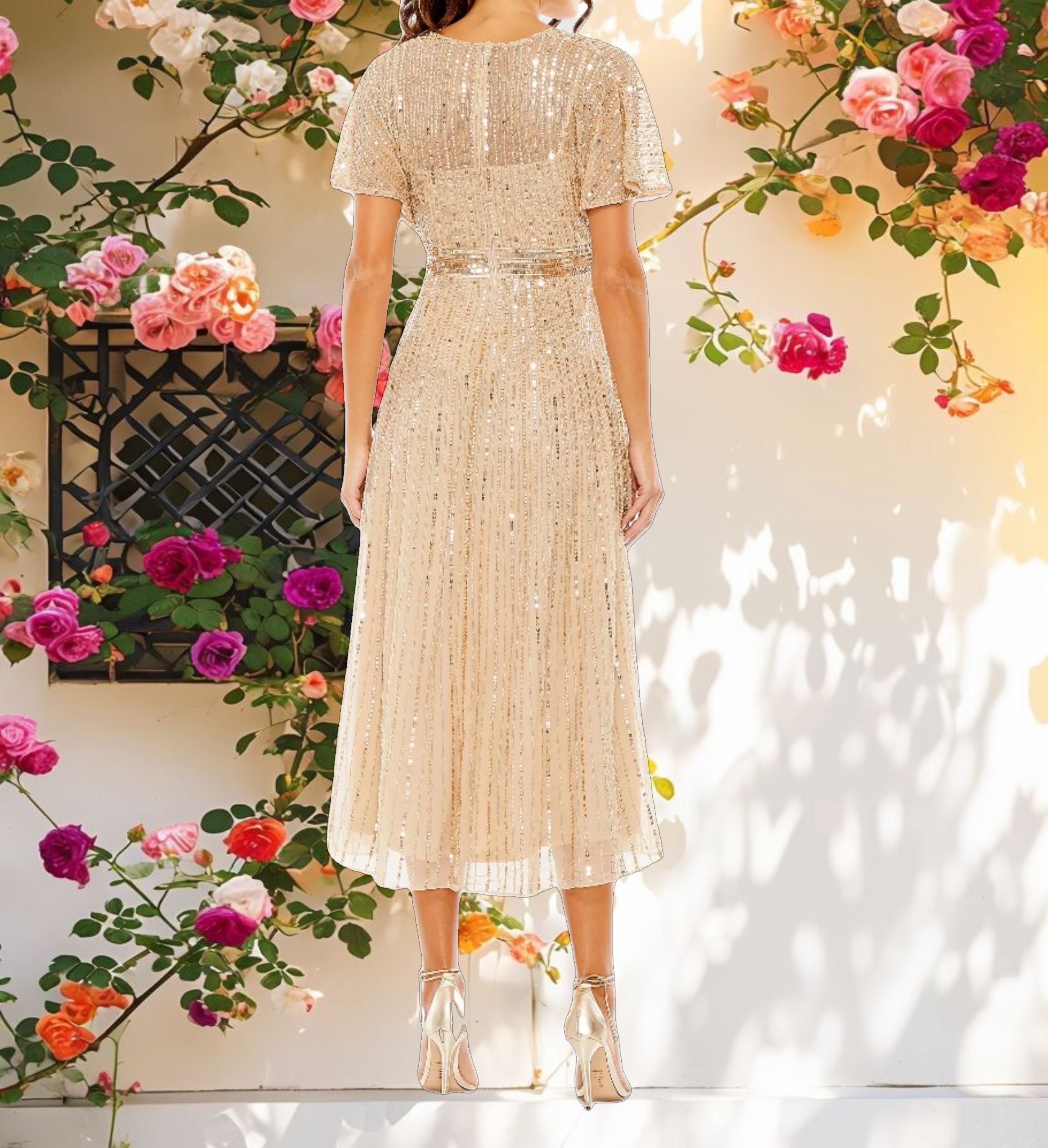 Beige A Line Embellished Short Sleeve Dress