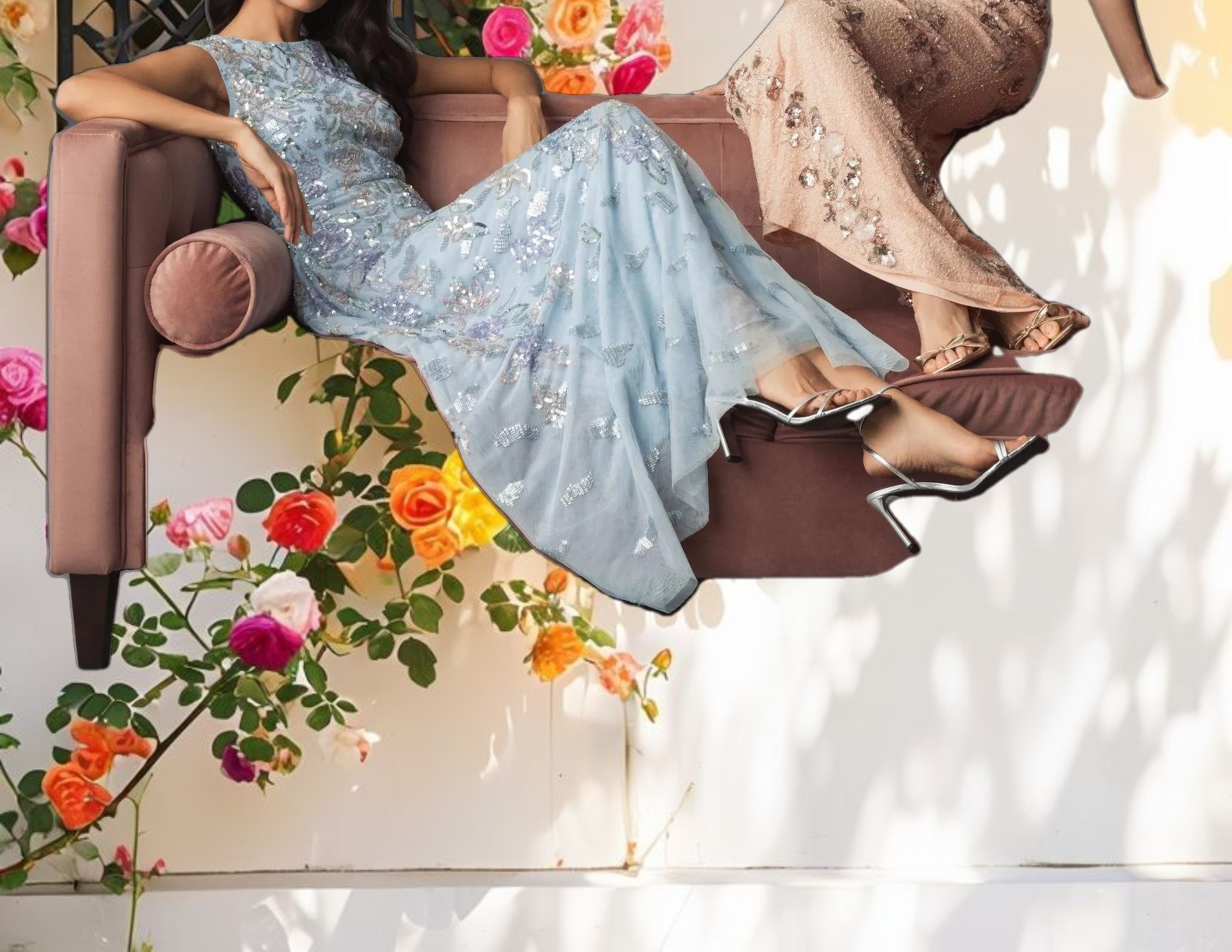 Blue Sequined High Neck Cap Sleeve A Line Gown