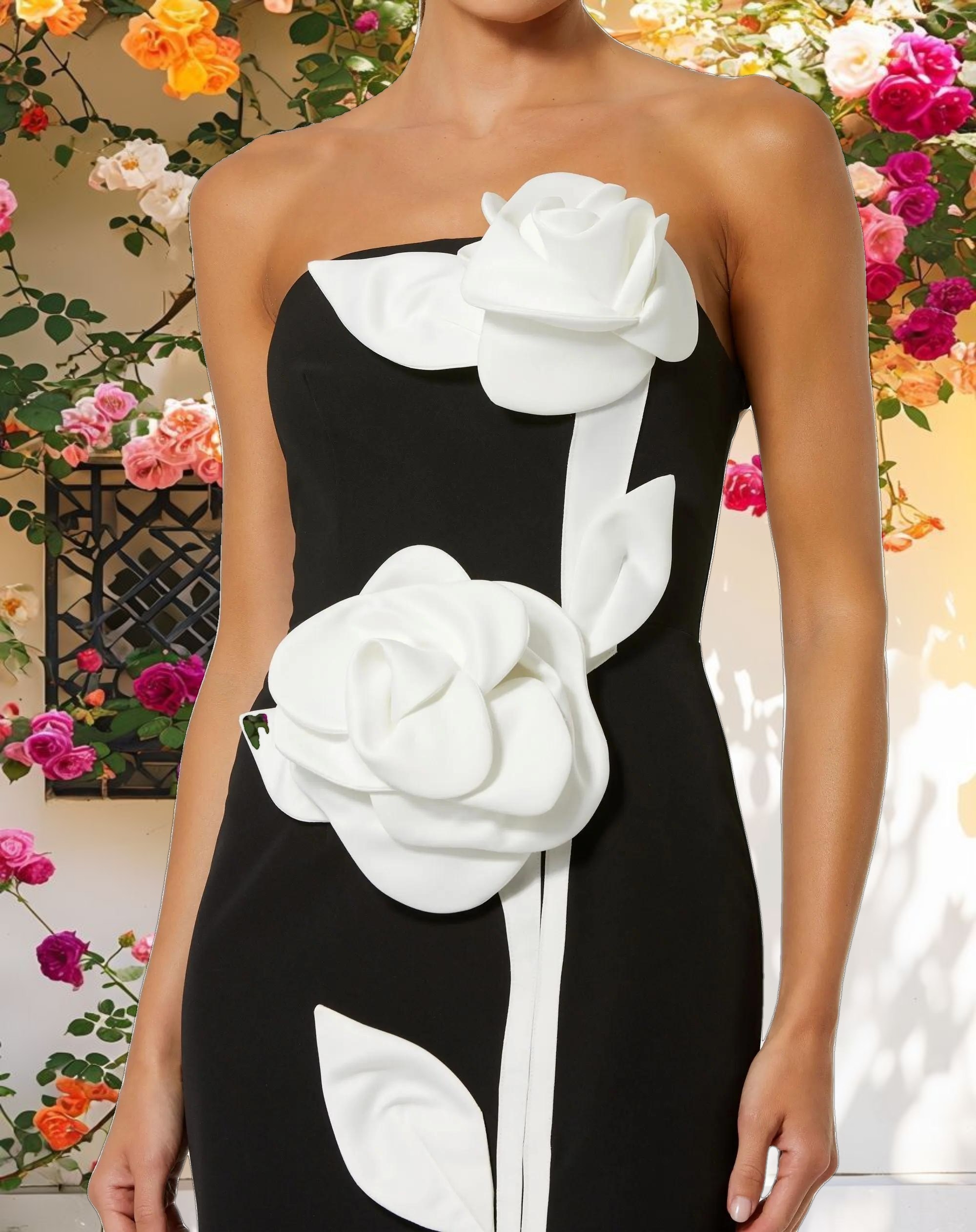 Black Strapless Crepe Ankle Dress With 3D Satin Flowers