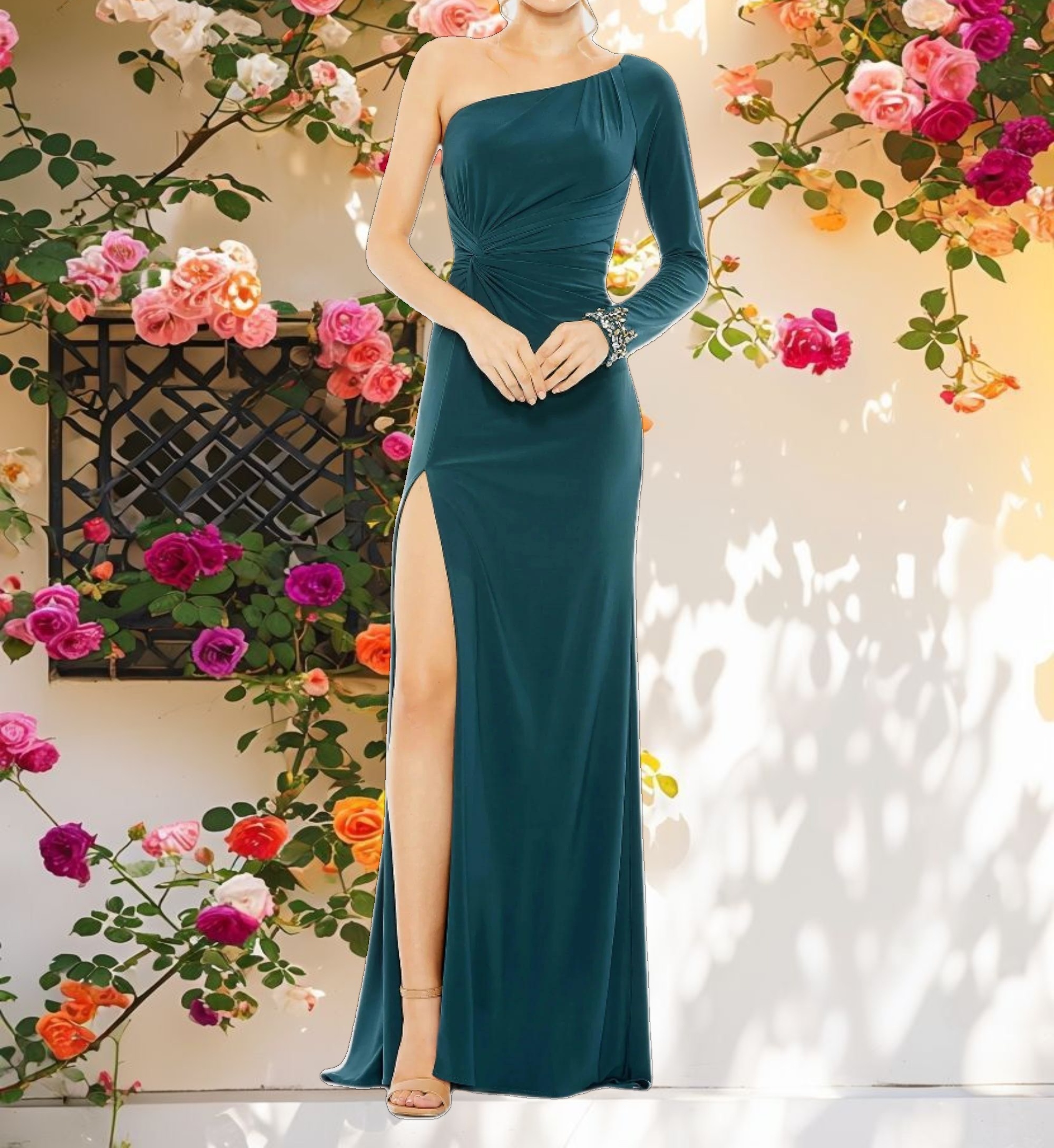 One Sleeve Beaded Cuff Side Twist Gown