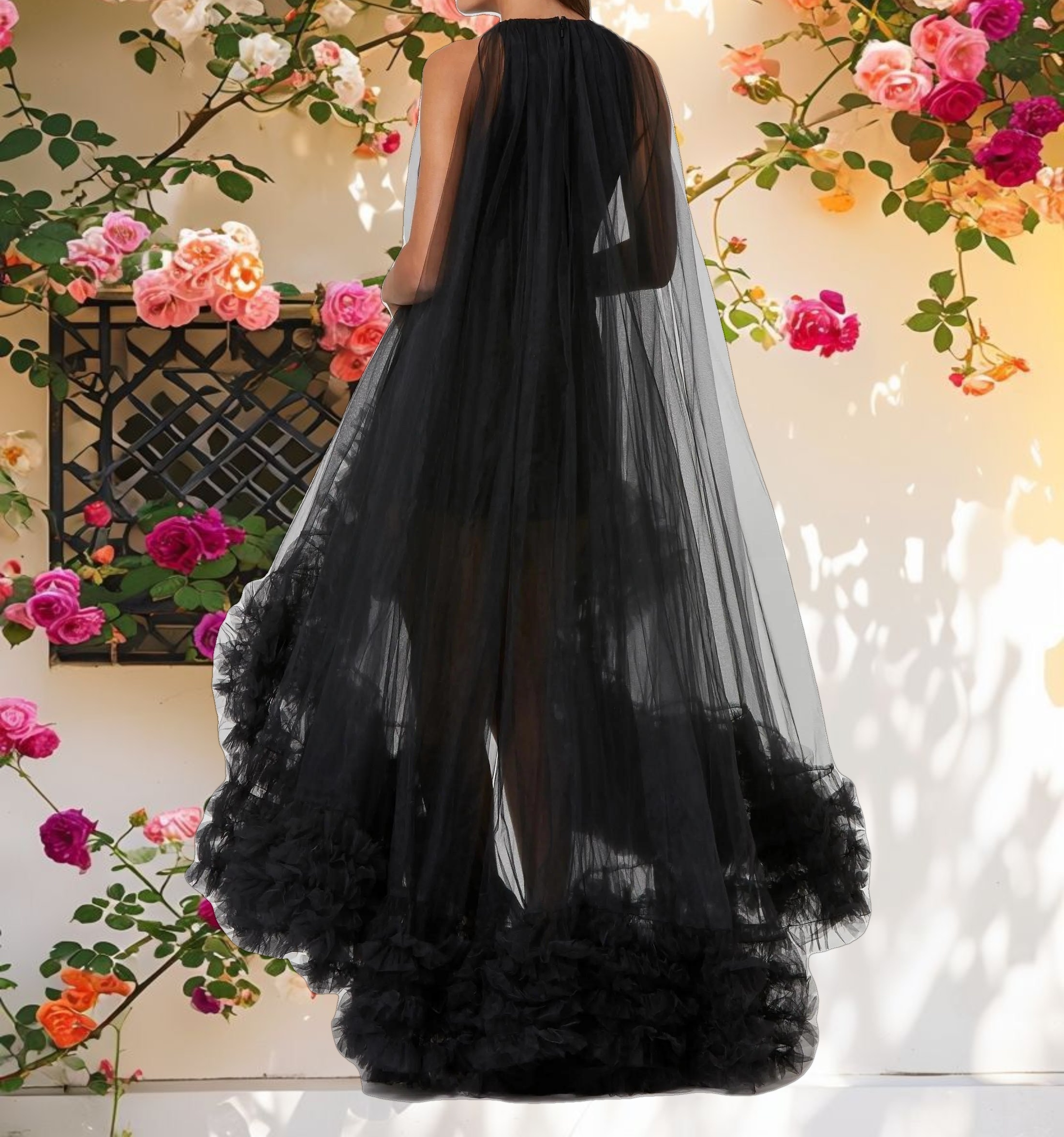 Black Tulle High Neck Sleeveless Ruffled Hem Hi Low Gown