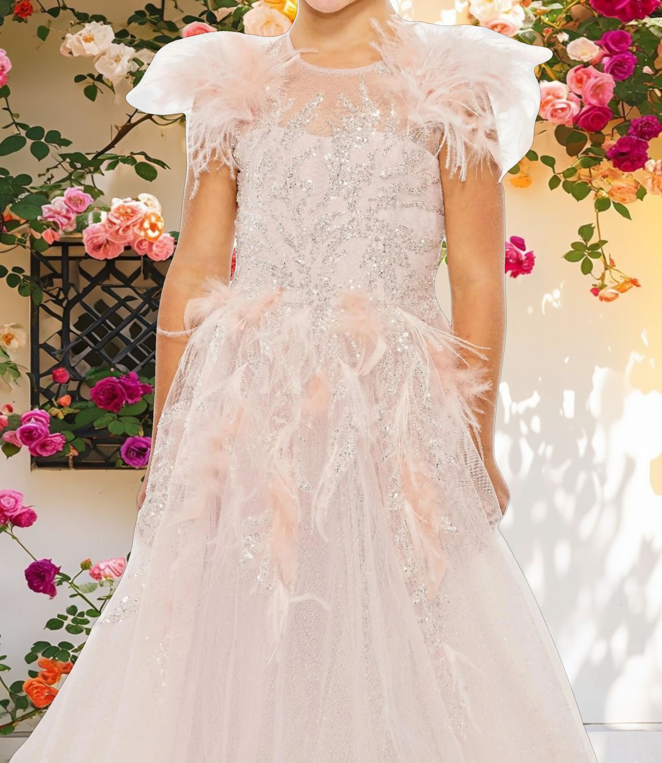 Light Pink Girls Feather Sleeve Detail Glitter Tulle Dress