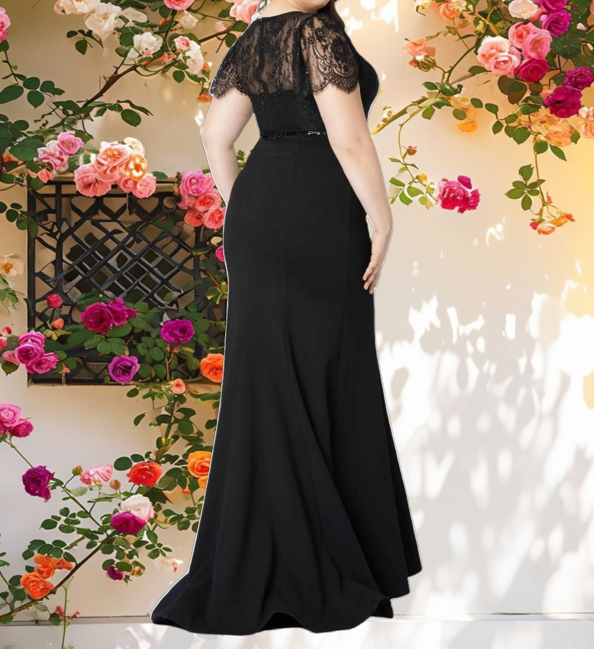 Lace Illusion High Neck Cap Sleeve Gown
