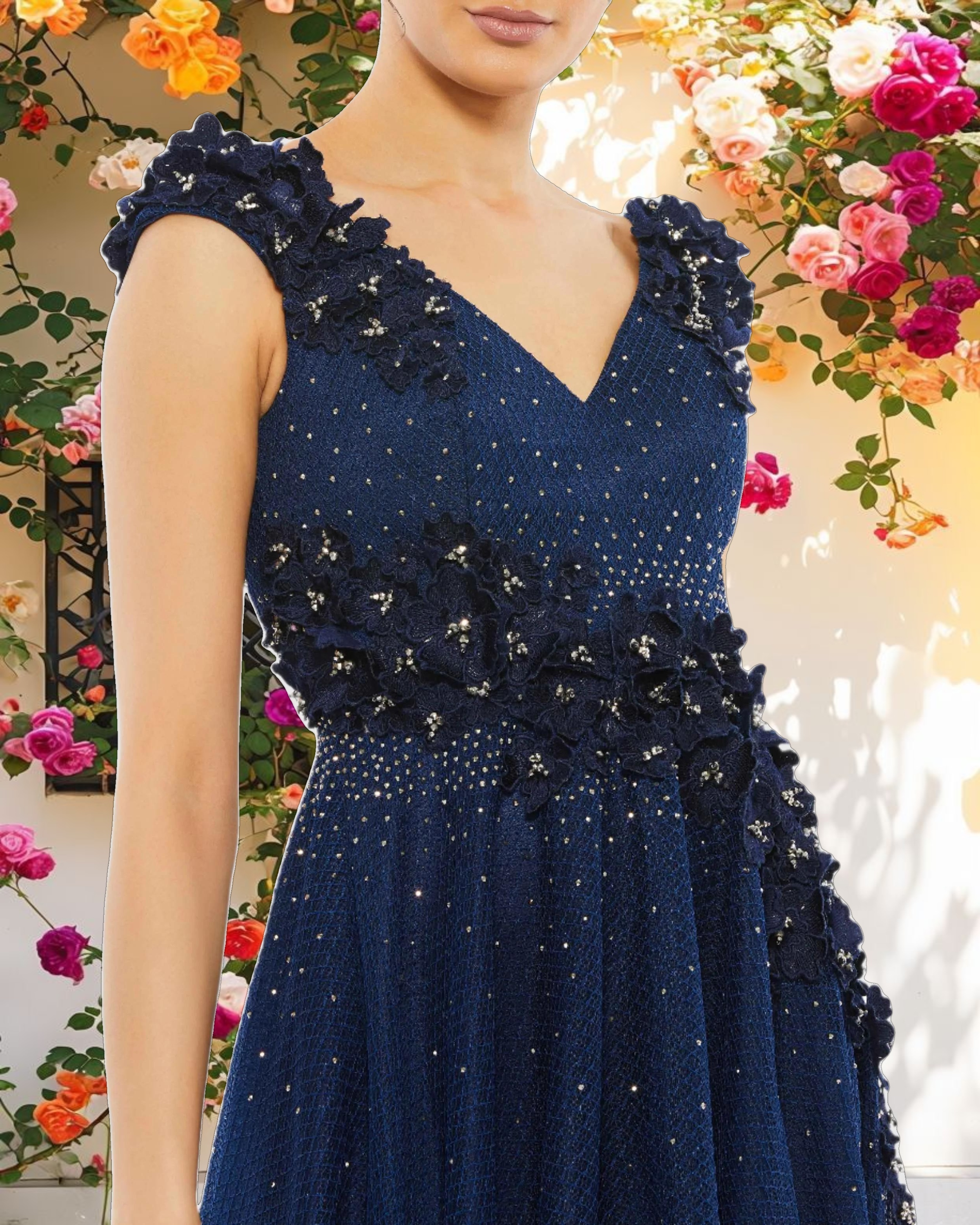 Floral Applique A Line Evening Gown