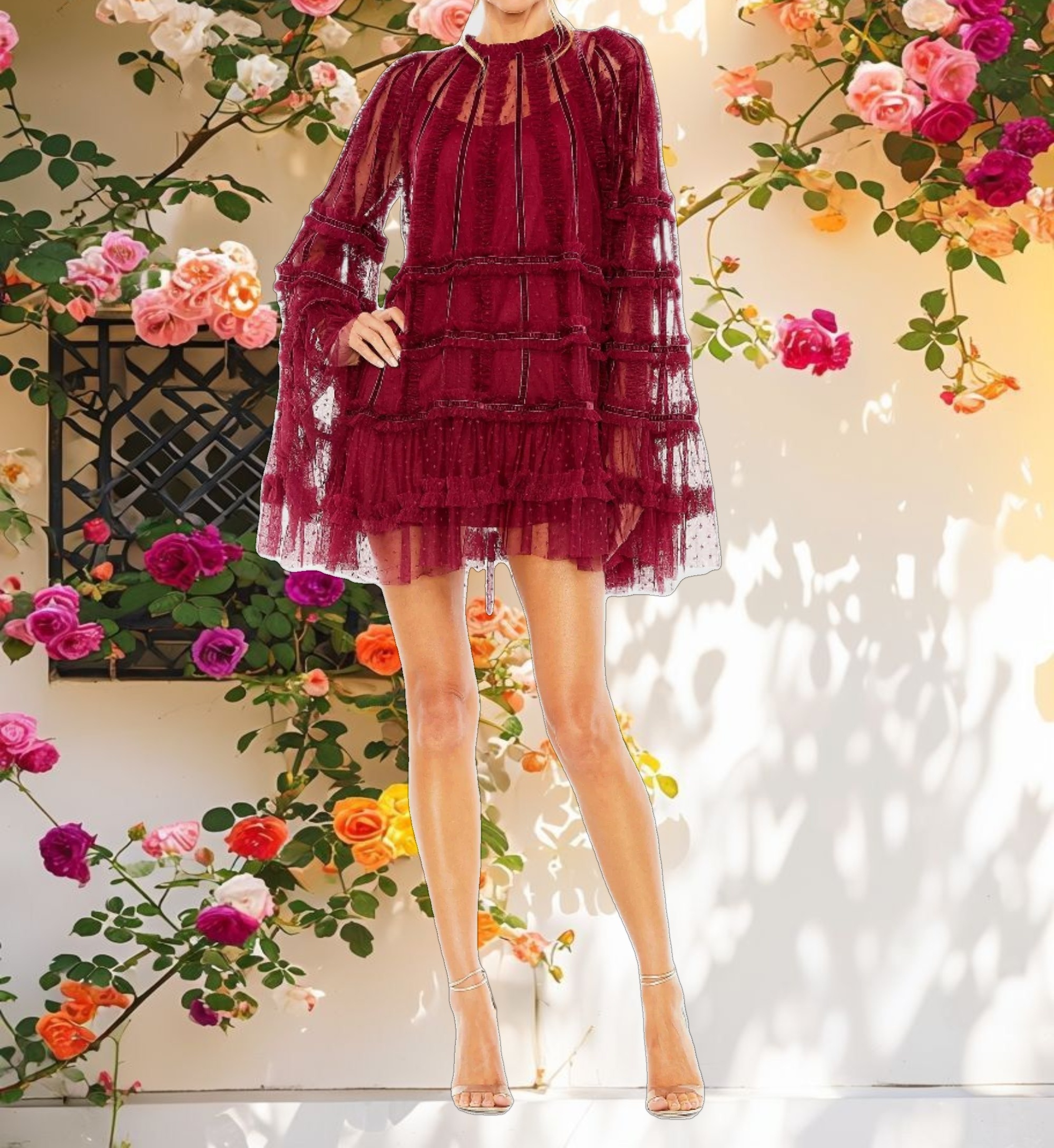 Red High Neck Ruffle Bell Sleeve Trapeze Dress